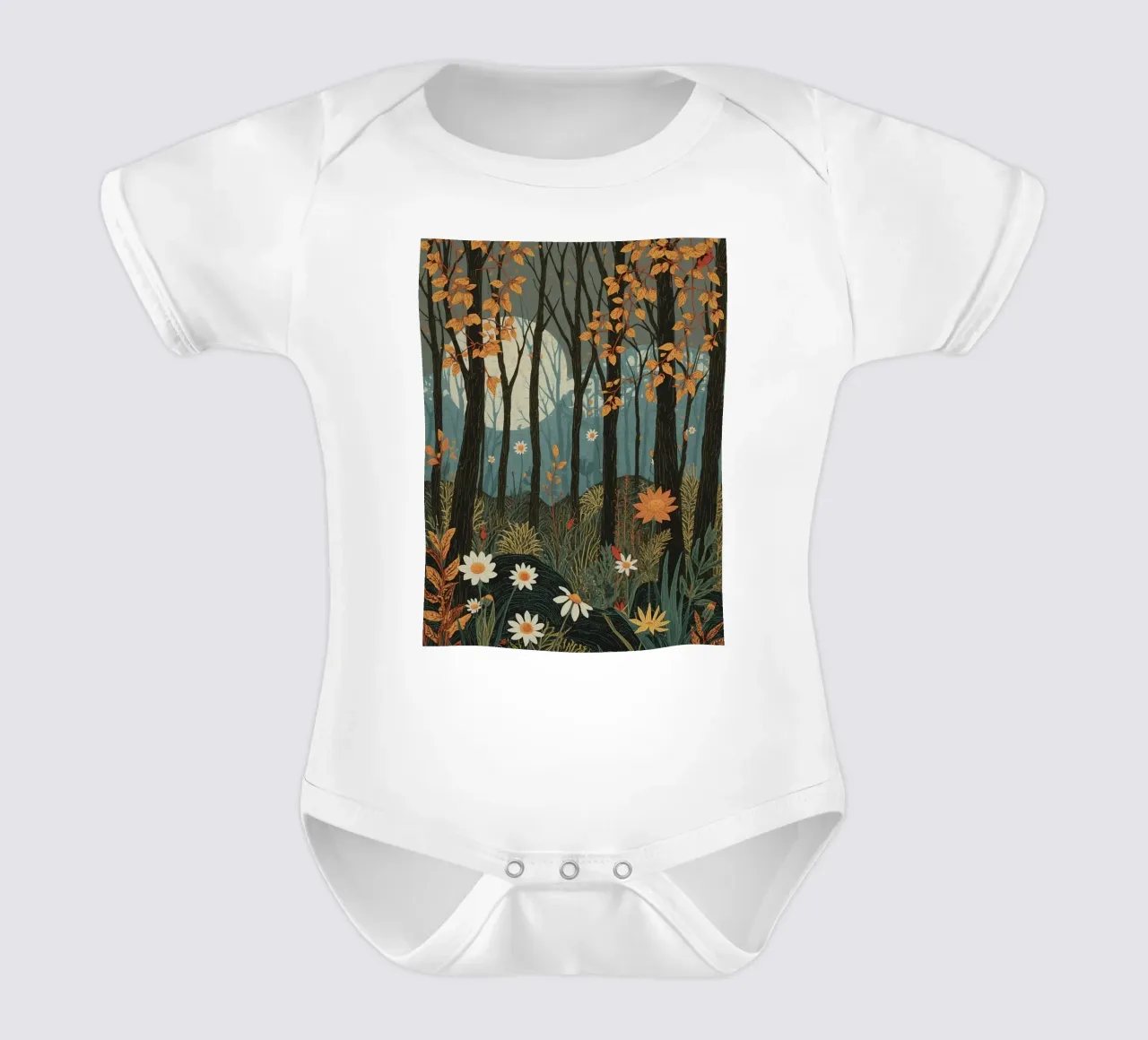 Scena di foresta con alberi, luna e fiori body neonato maniche corte da DesignDoodle