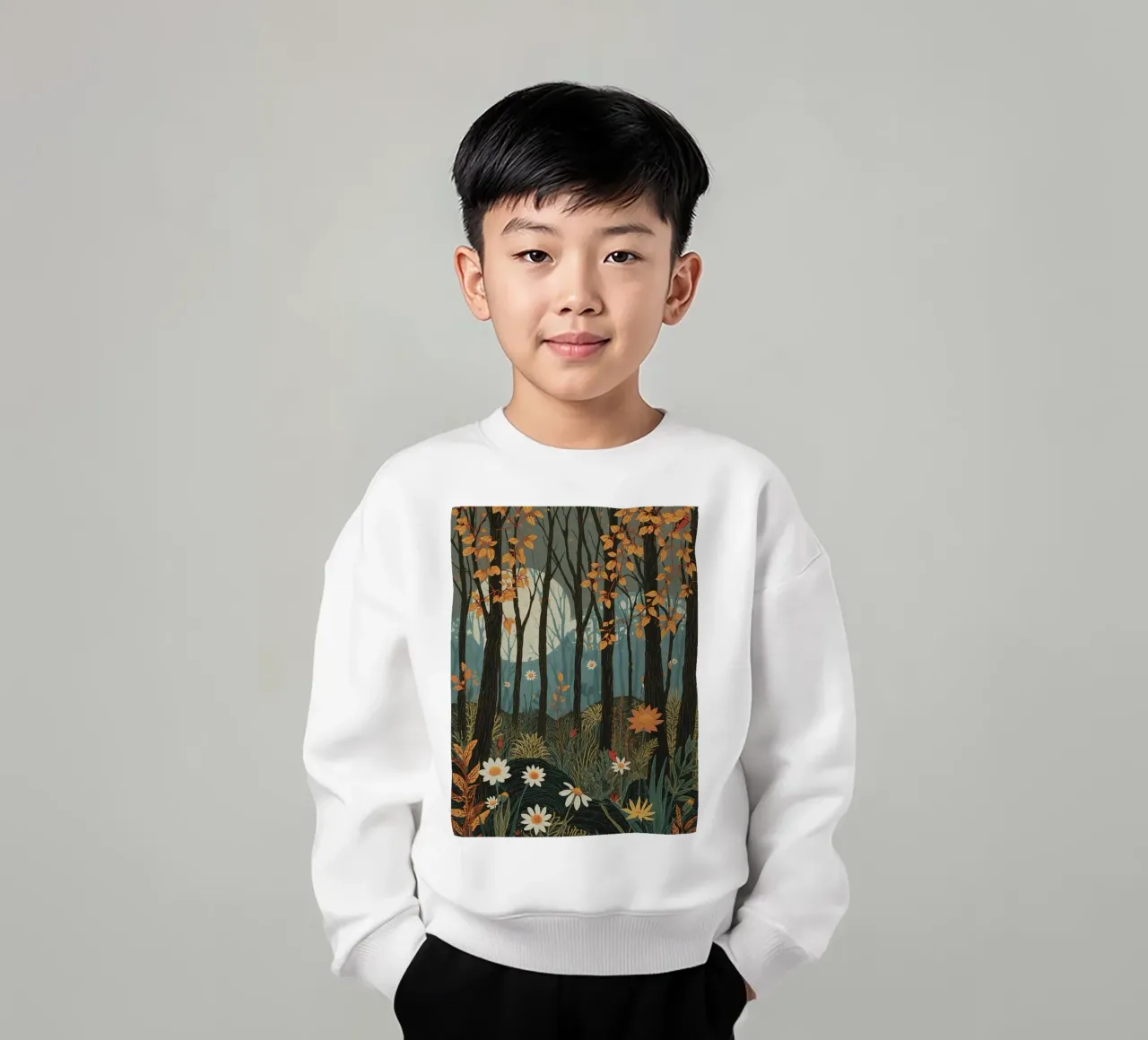 Scena di foresta con alberi, luna e fiori felpa bambino da DesignDoodle