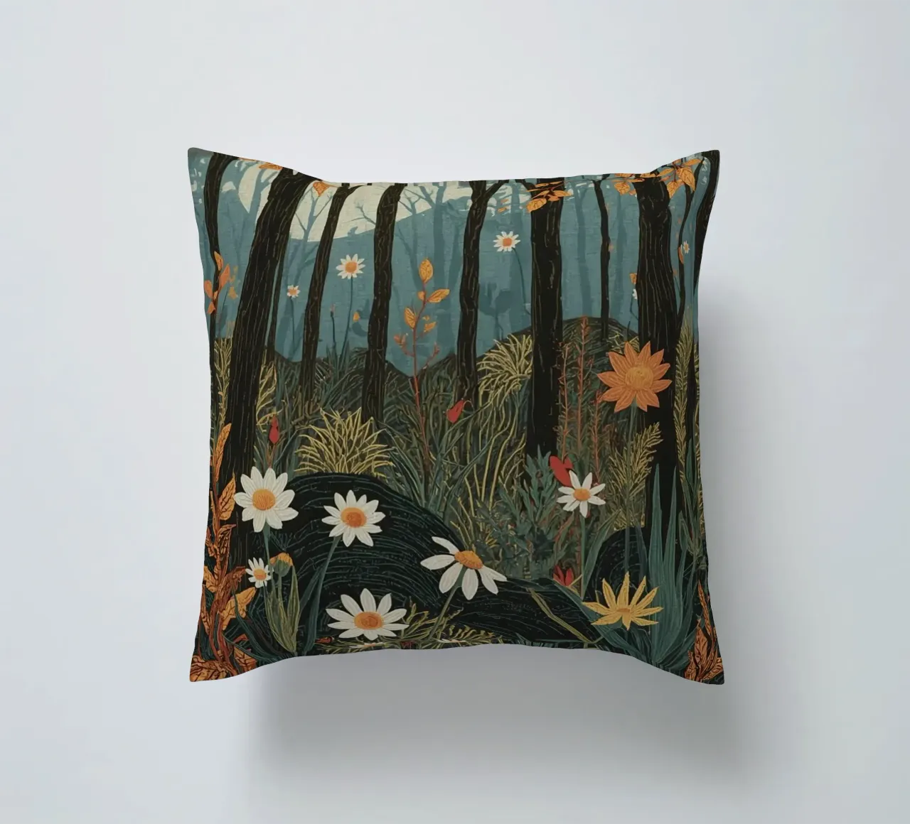 Scena di foresta con alberi, luna e fiori cuscino da DesignDoodle