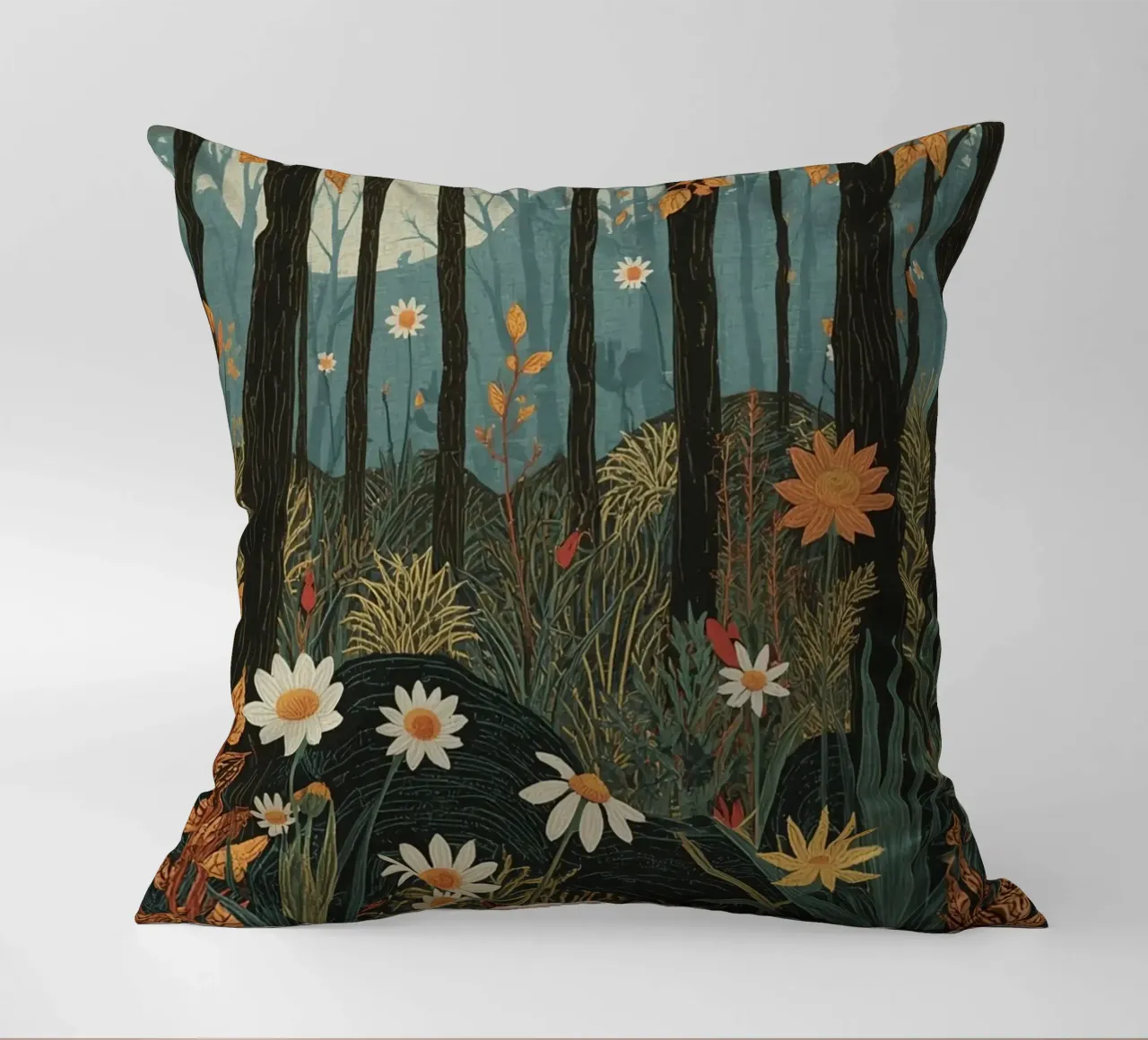 Scena di foresta con alberi, luna e fiori cuscino da DesignDoodle