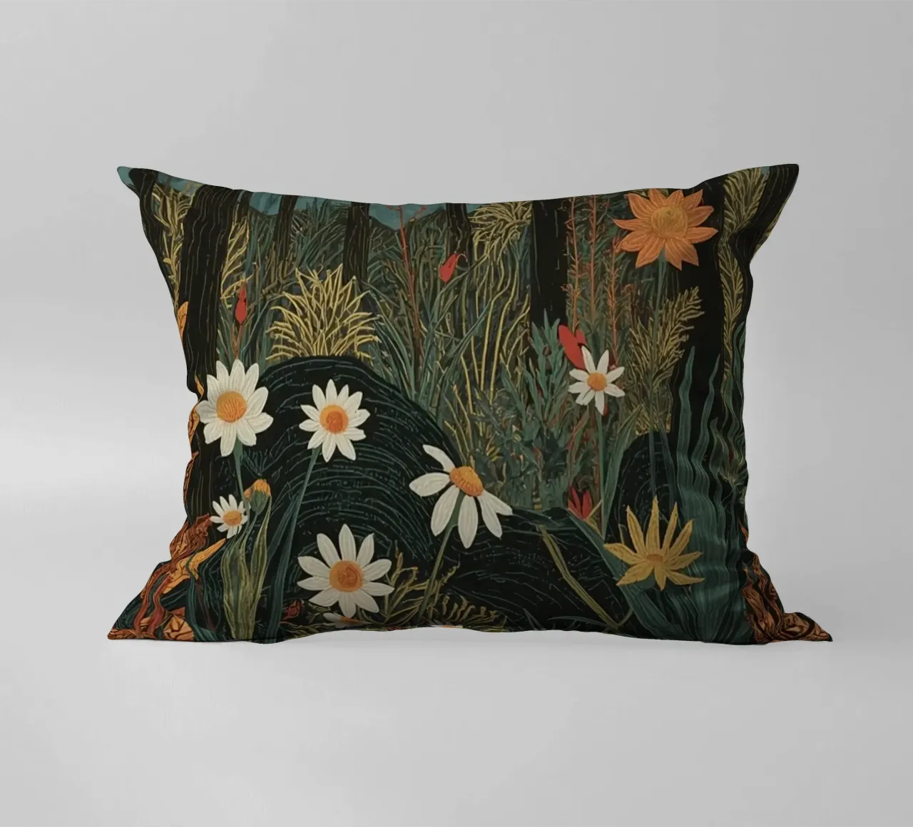 Scena di foresta con alberi, luna e fiori cuscino da DesignDoodle
