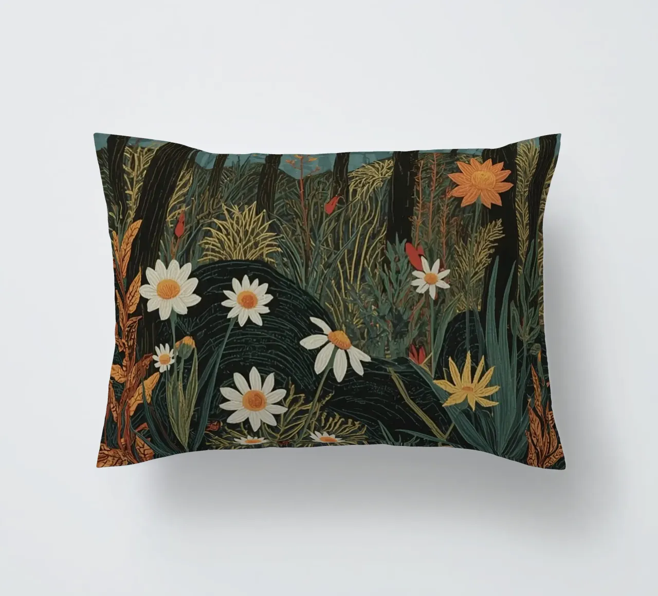 Scena di foresta con alberi, luna e fiori cuscino da DesignDoodle