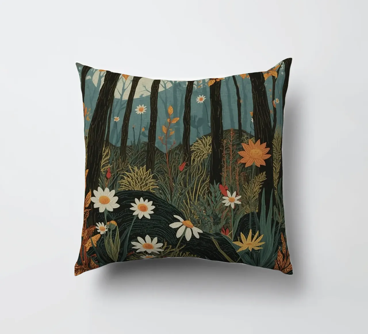 Scena di foresta con alberi, luna e fiori cuscino da DesignDoodle