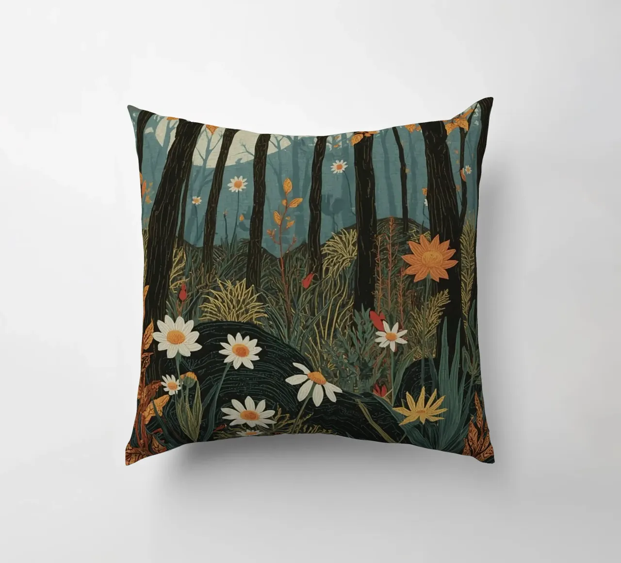 Scena di foresta con alberi, luna e fiori cuscino da DesignDoodle