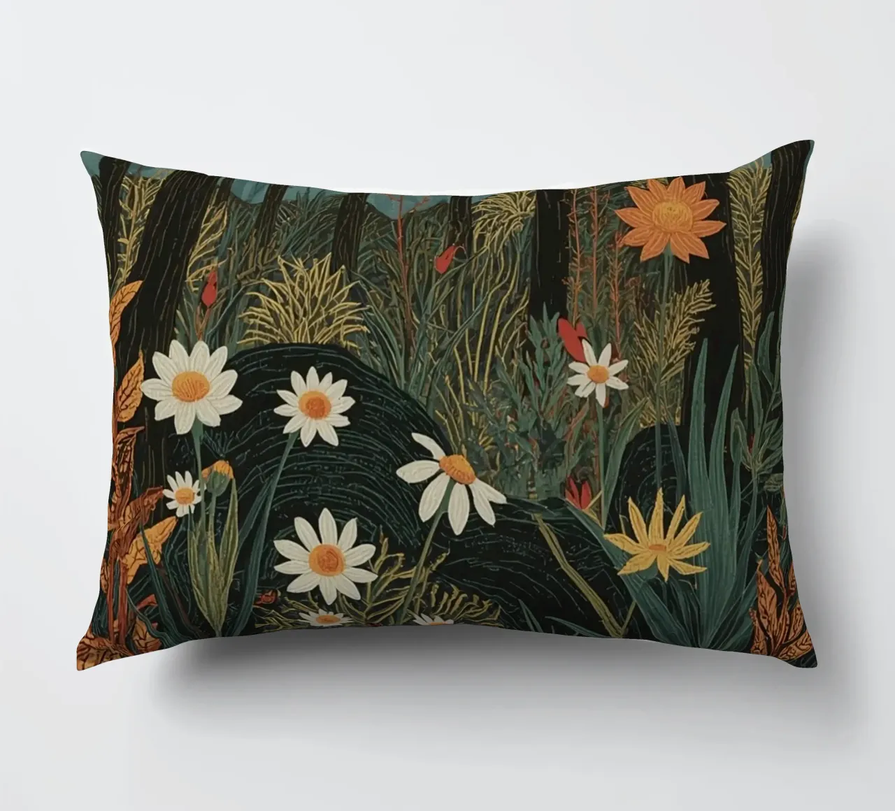 Scena di foresta con alberi, luna e fiori cuscino da DesignDoodle