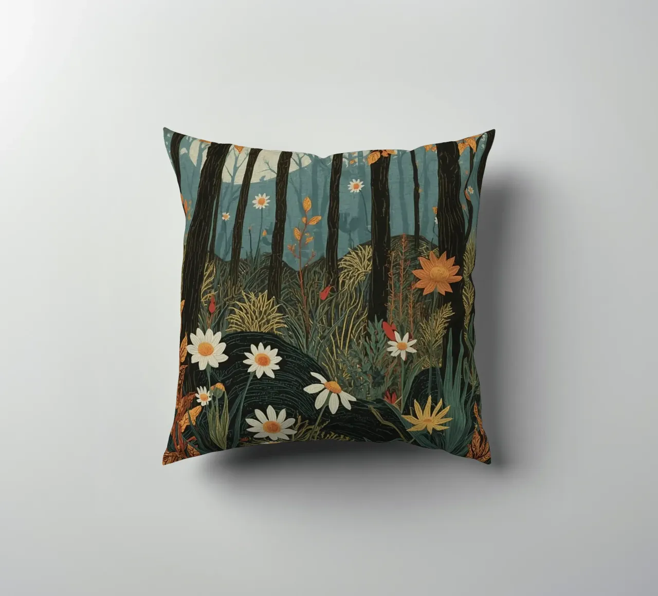 Scena di foresta con alberi, luna e fiori cuscino da DesignDoodle