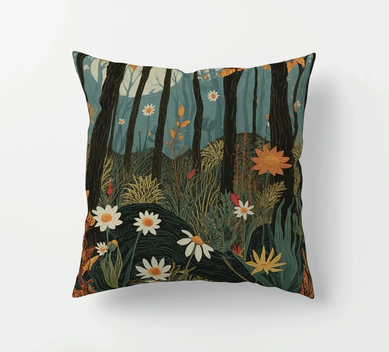 Scena di foresta con alberi, luna e fiori cuscino da DesignDoodle