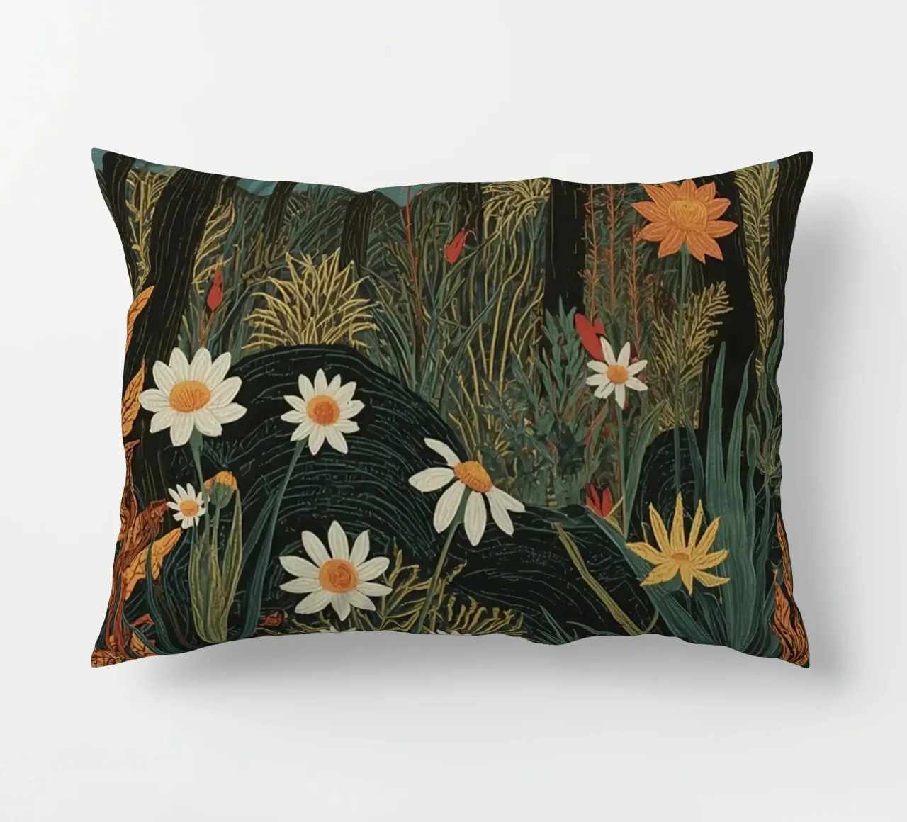Scena di foresta con alberi, luna e fiori cuscino da DesignDoodle