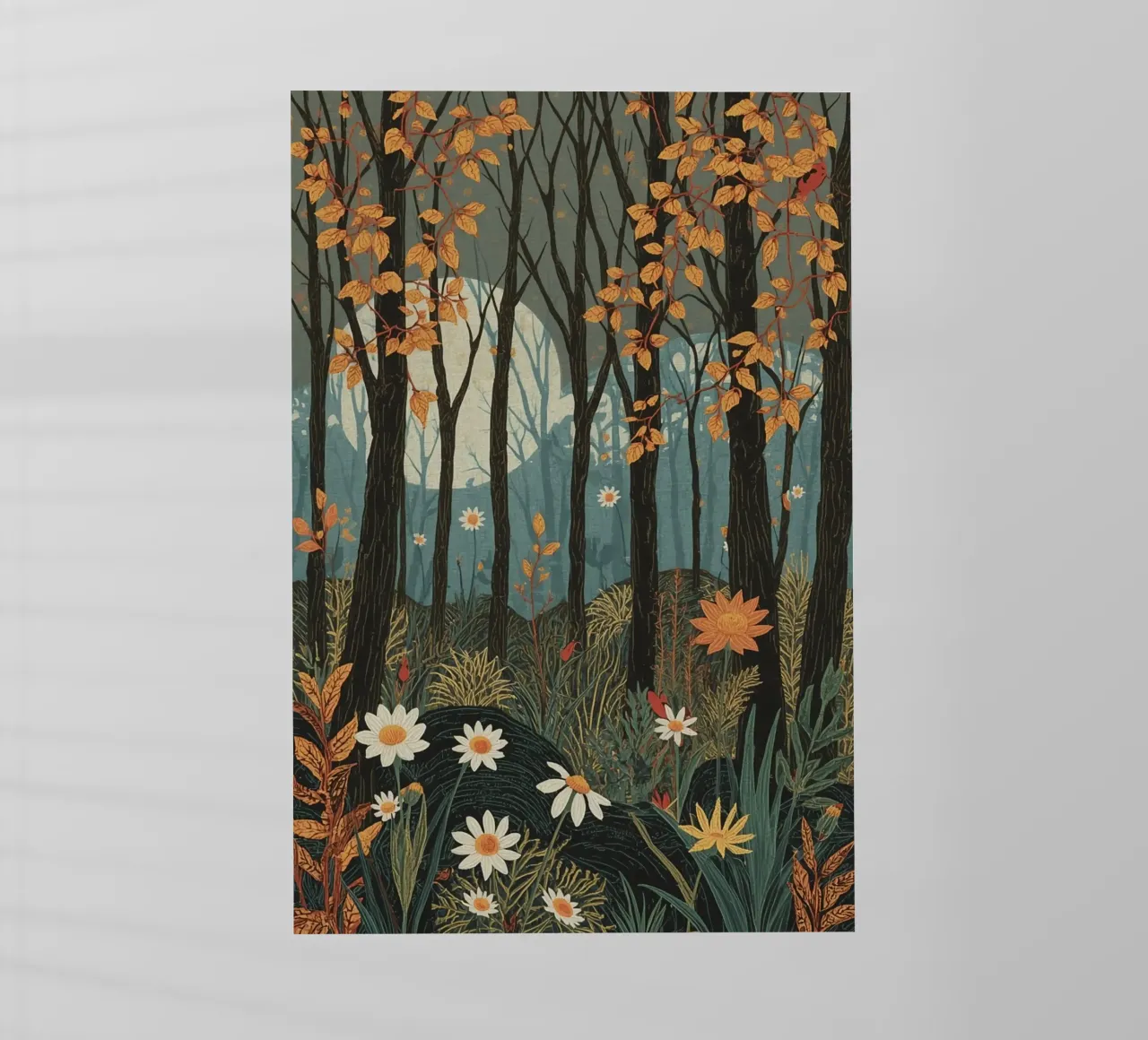 Scena di foresta con alberi, luna e fiori pellicola backlit da DesignDoodle