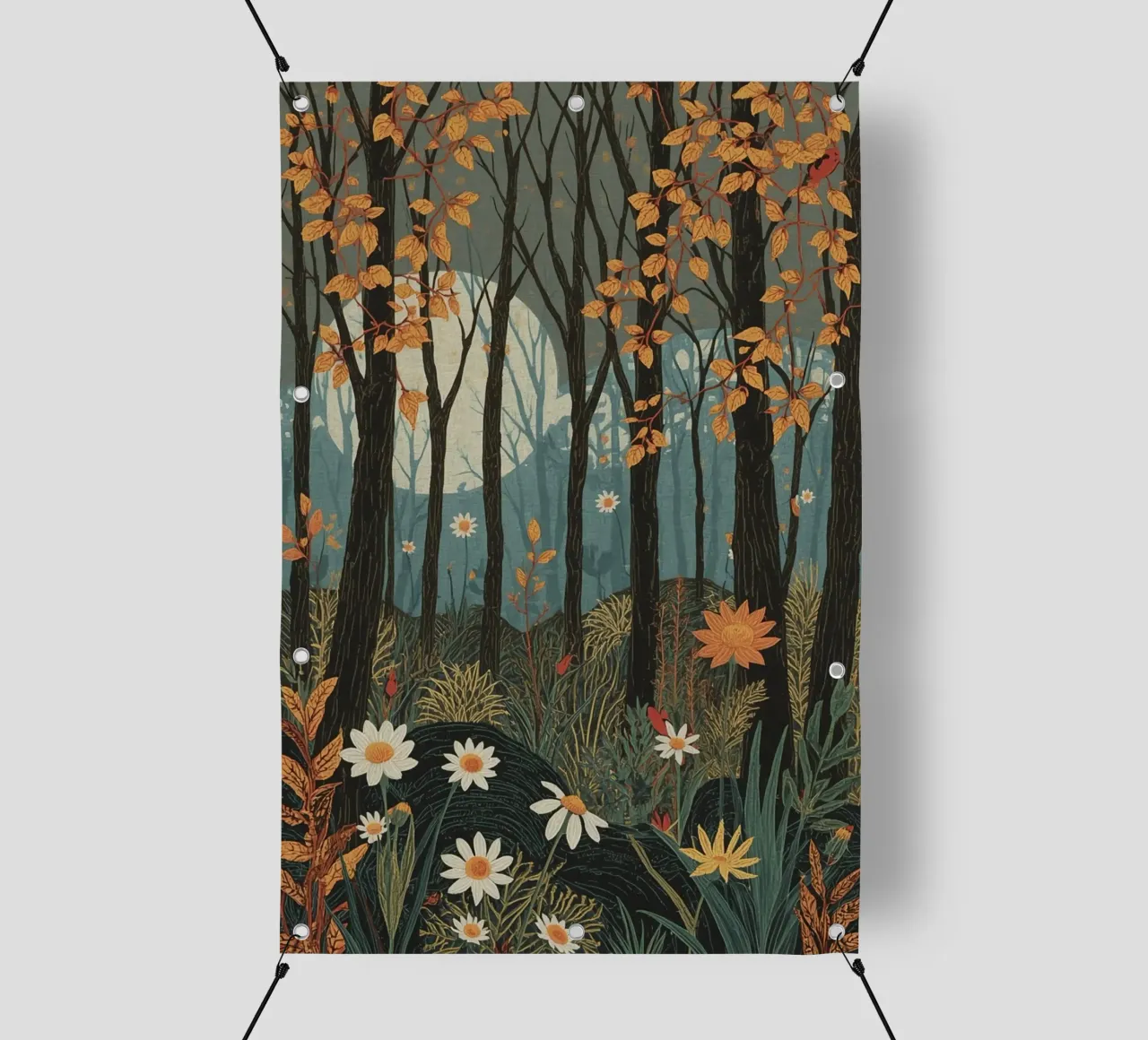 Scena di foresta con alberi, luna e fiori telo in pvc da DesignDoodle