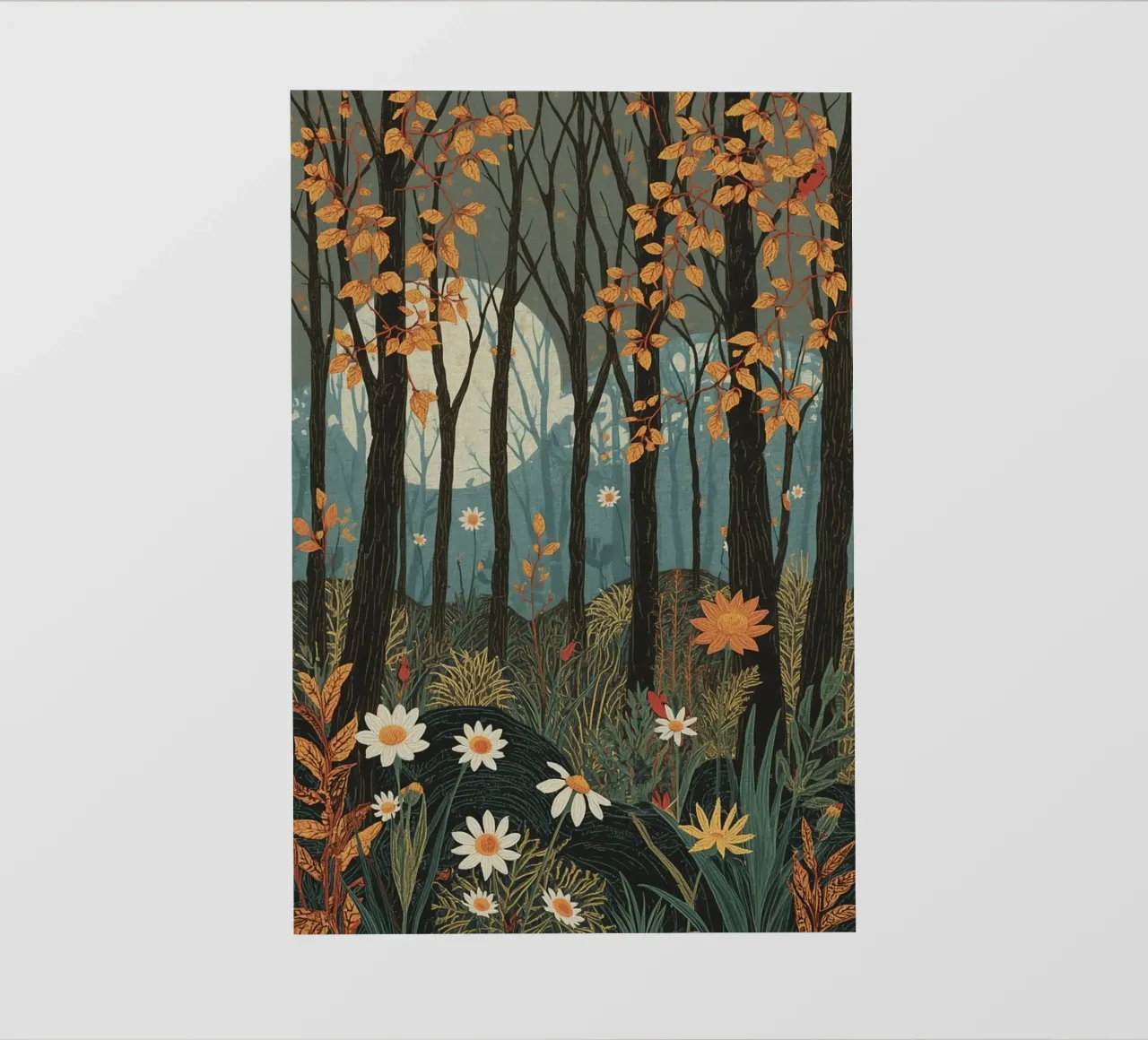 Scena di foresta con alberi, luna e fiori telo in pvc da DesignDoodle