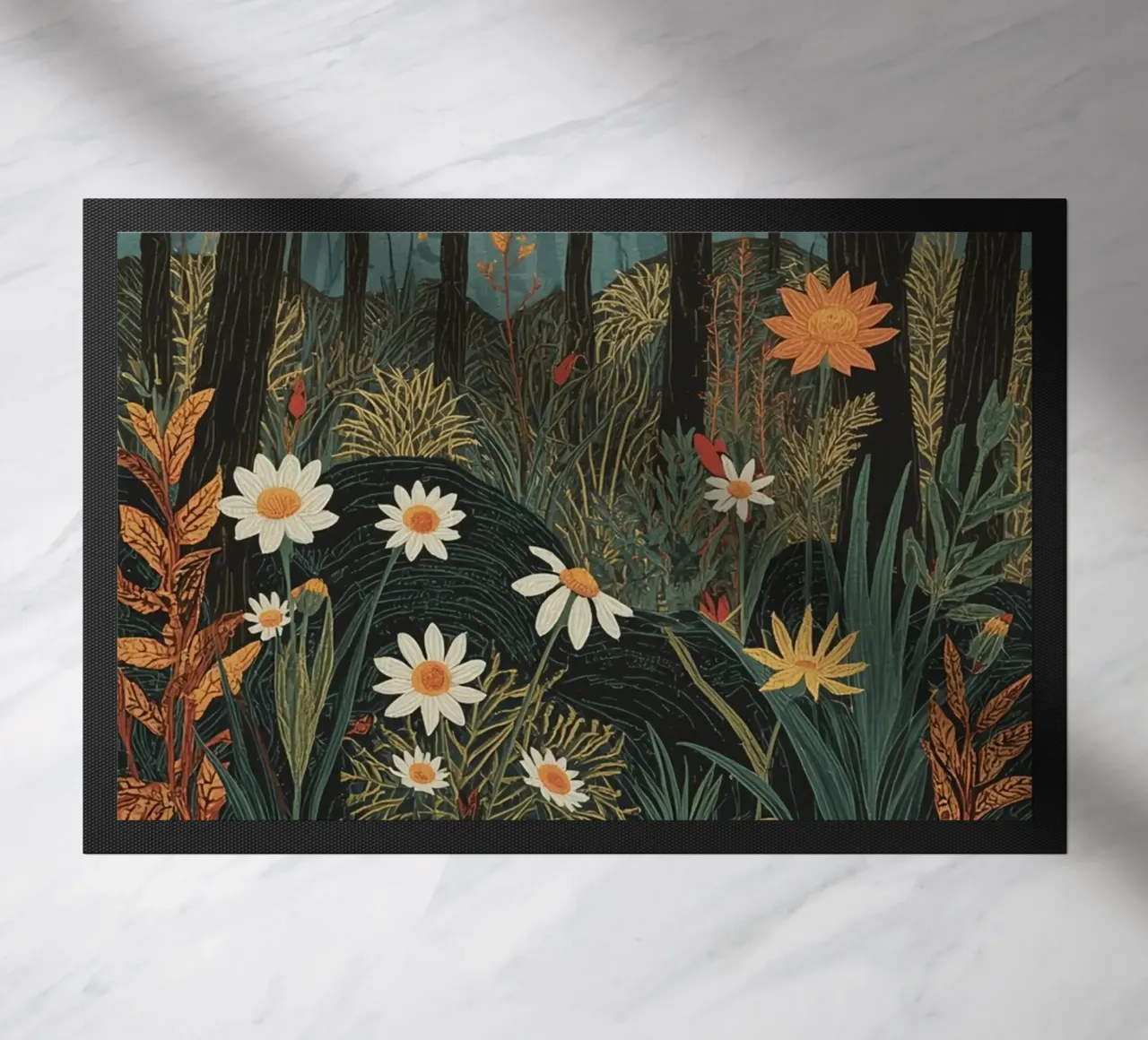Scena di foresta con alberi, luna e fiori zerbino da DesignDoodle