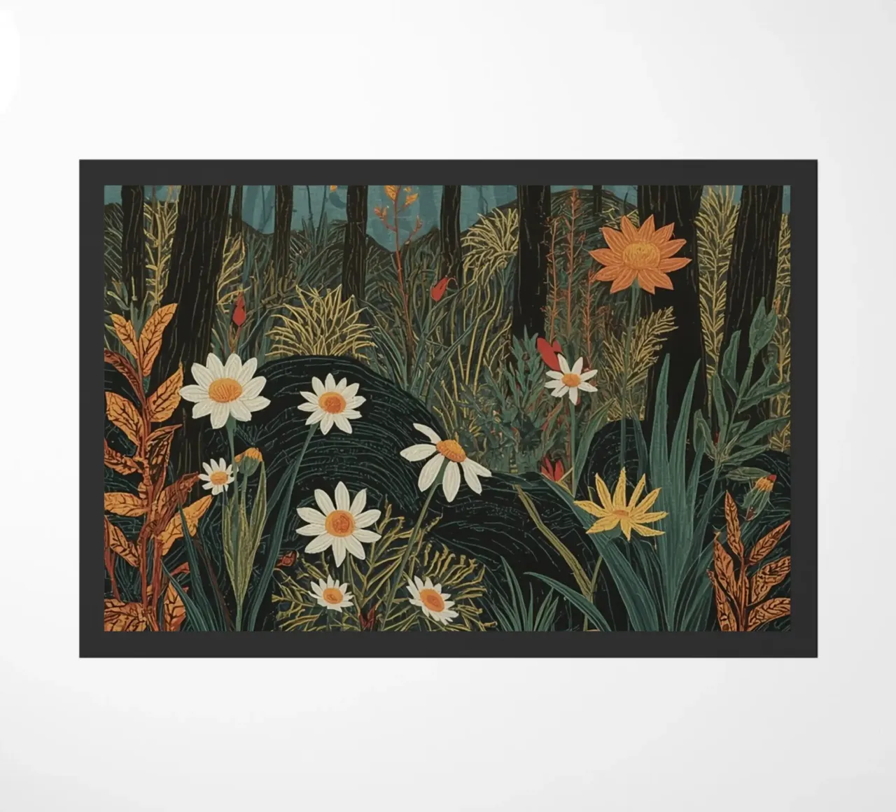 Scena di foresta con alberi, luna e fiori zerbino da DesignDoodle
