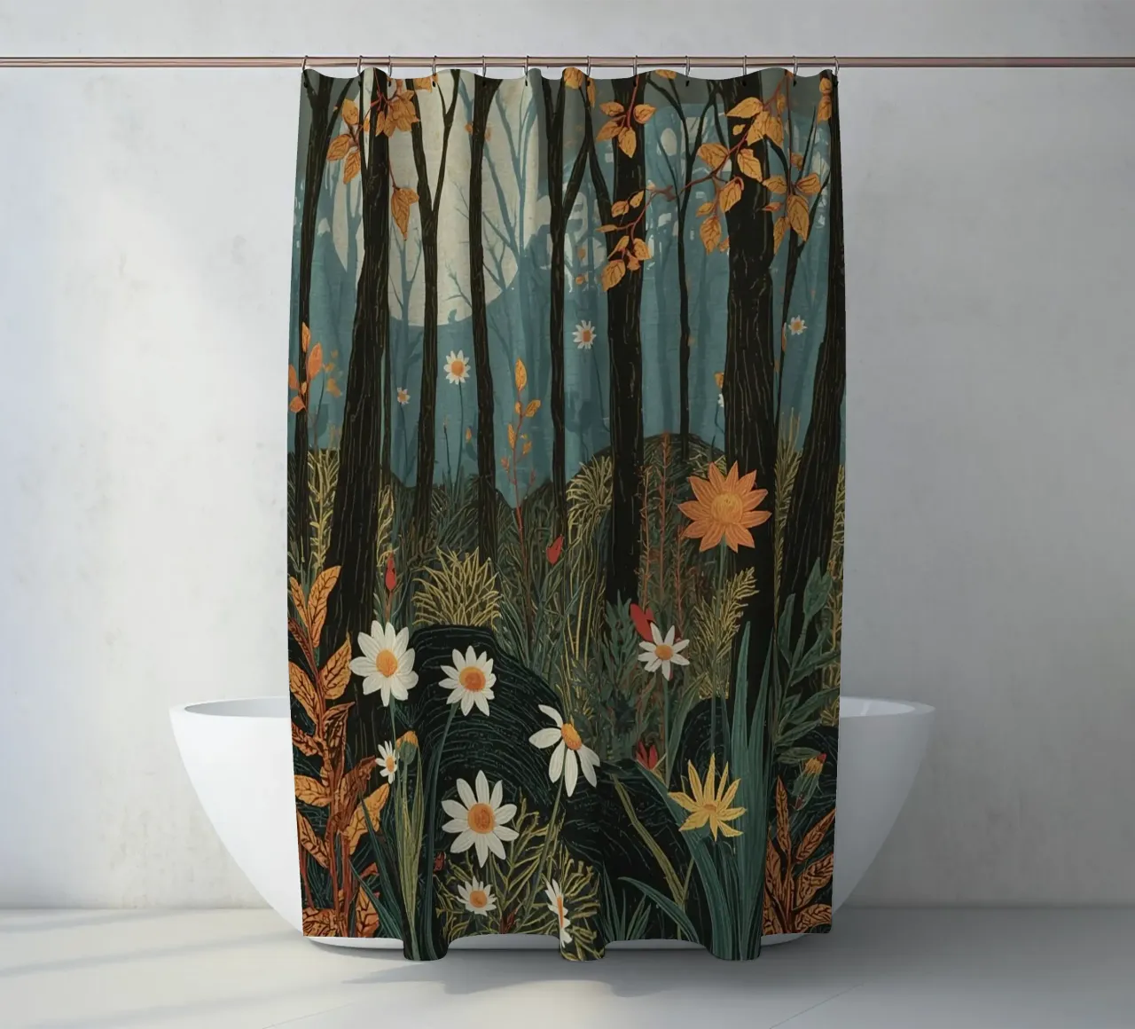 Scena di foresta con alberi, luna e fiori tenda da doccia da DesignDoodle