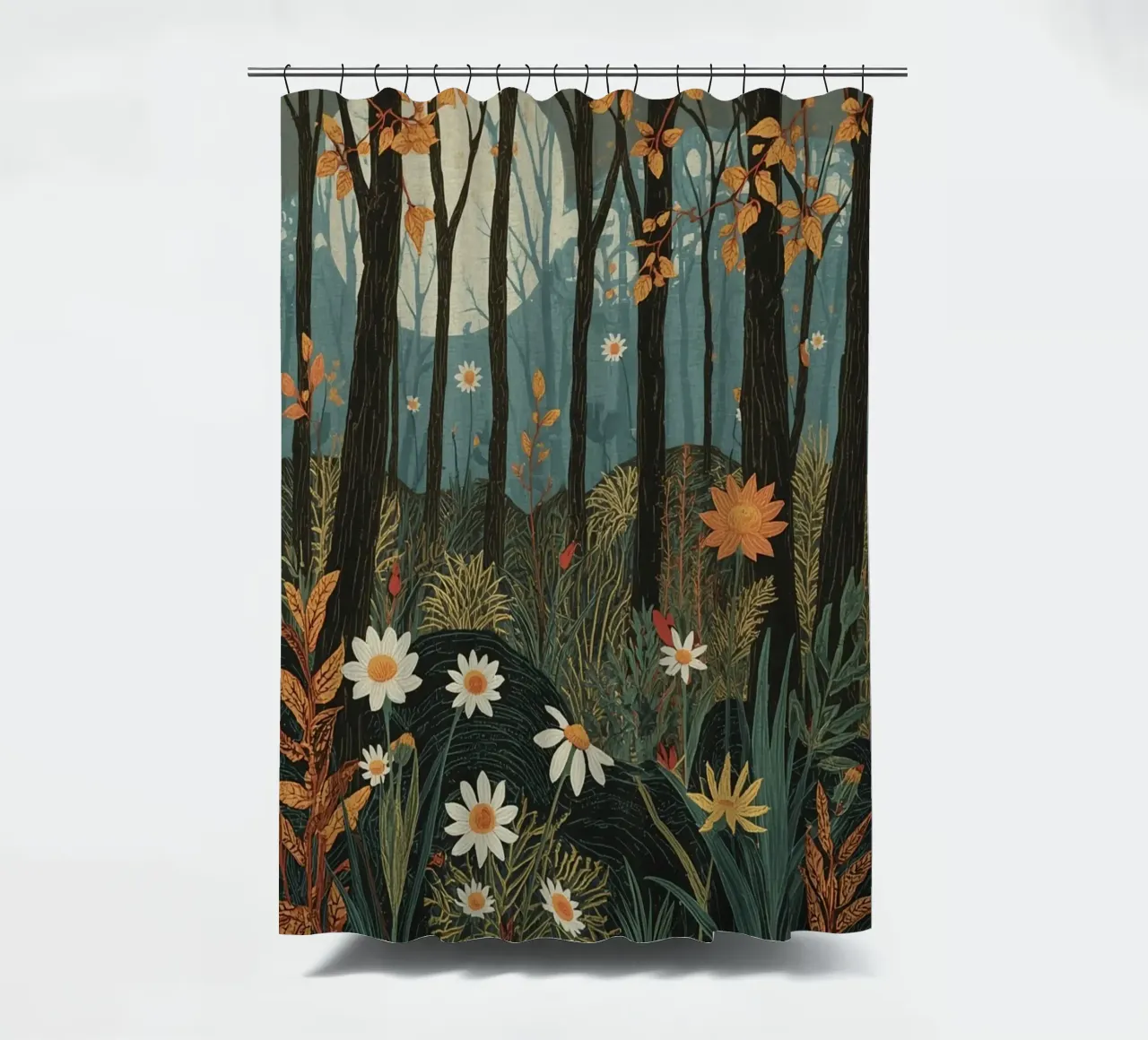 Scena di foresta con alberi, luna e fiori tenda da doccia da DesignDoodle