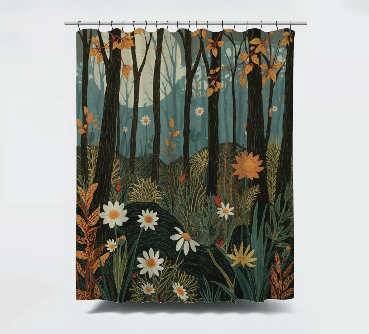 Scena di foresta con alberi, luna e fiori tenda da doccia da DesignDoodle