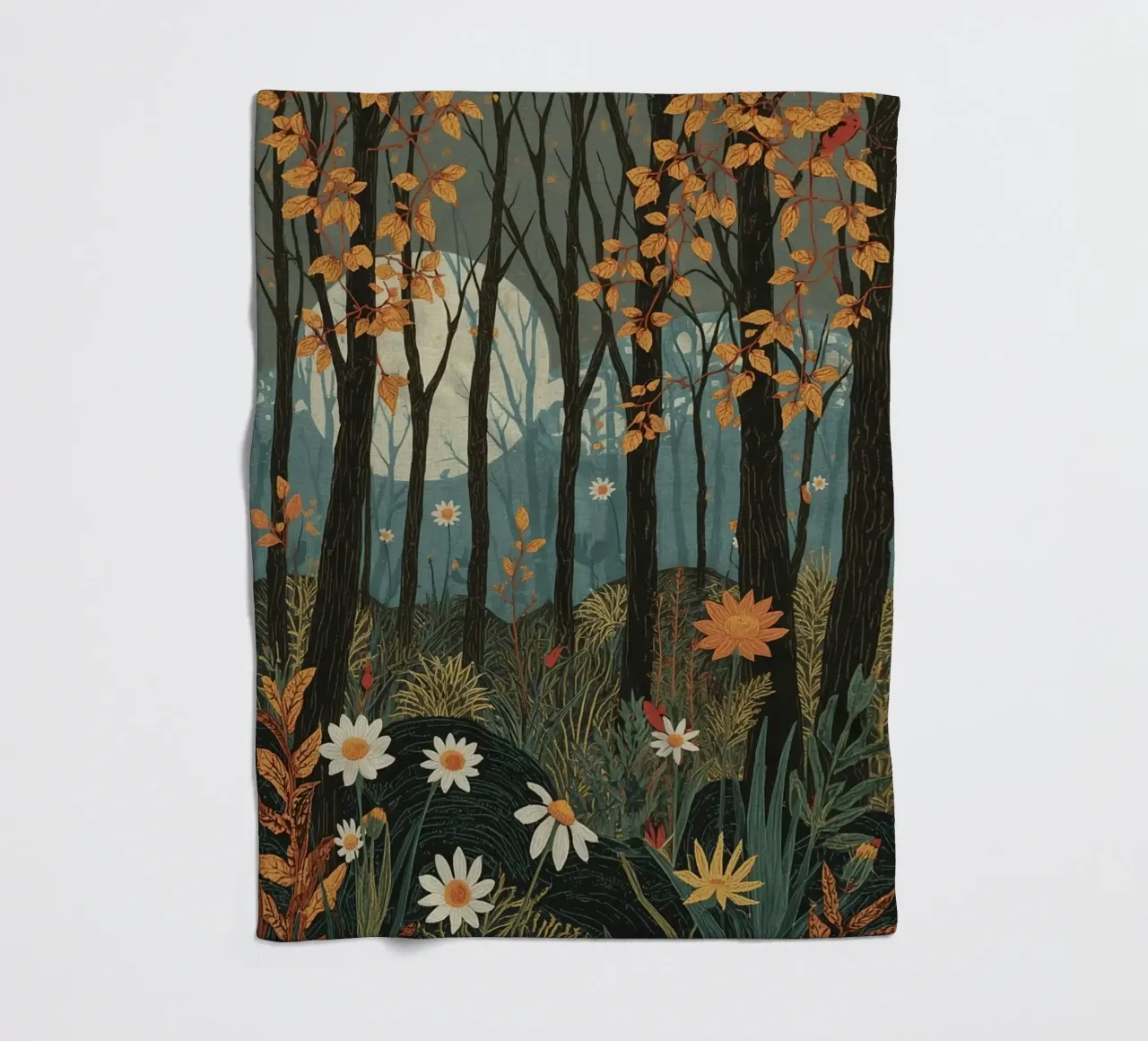 Scena di foresta con alberi, luna e fiori coperta in pile da DesignDoodle