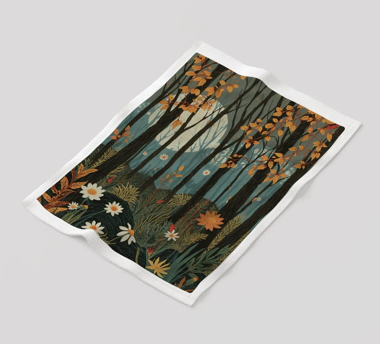 Scena di foresta con alberi, luna e fiori coperta in pile da DesignDoodle