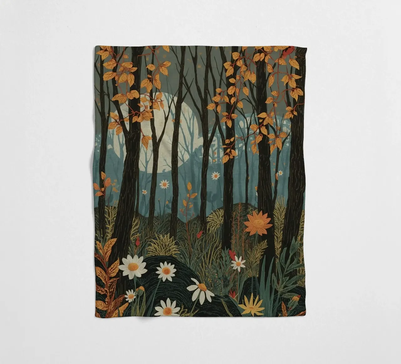 Scena di foresta con alberi, luna e fiori coperta in pile da DesignDoodle