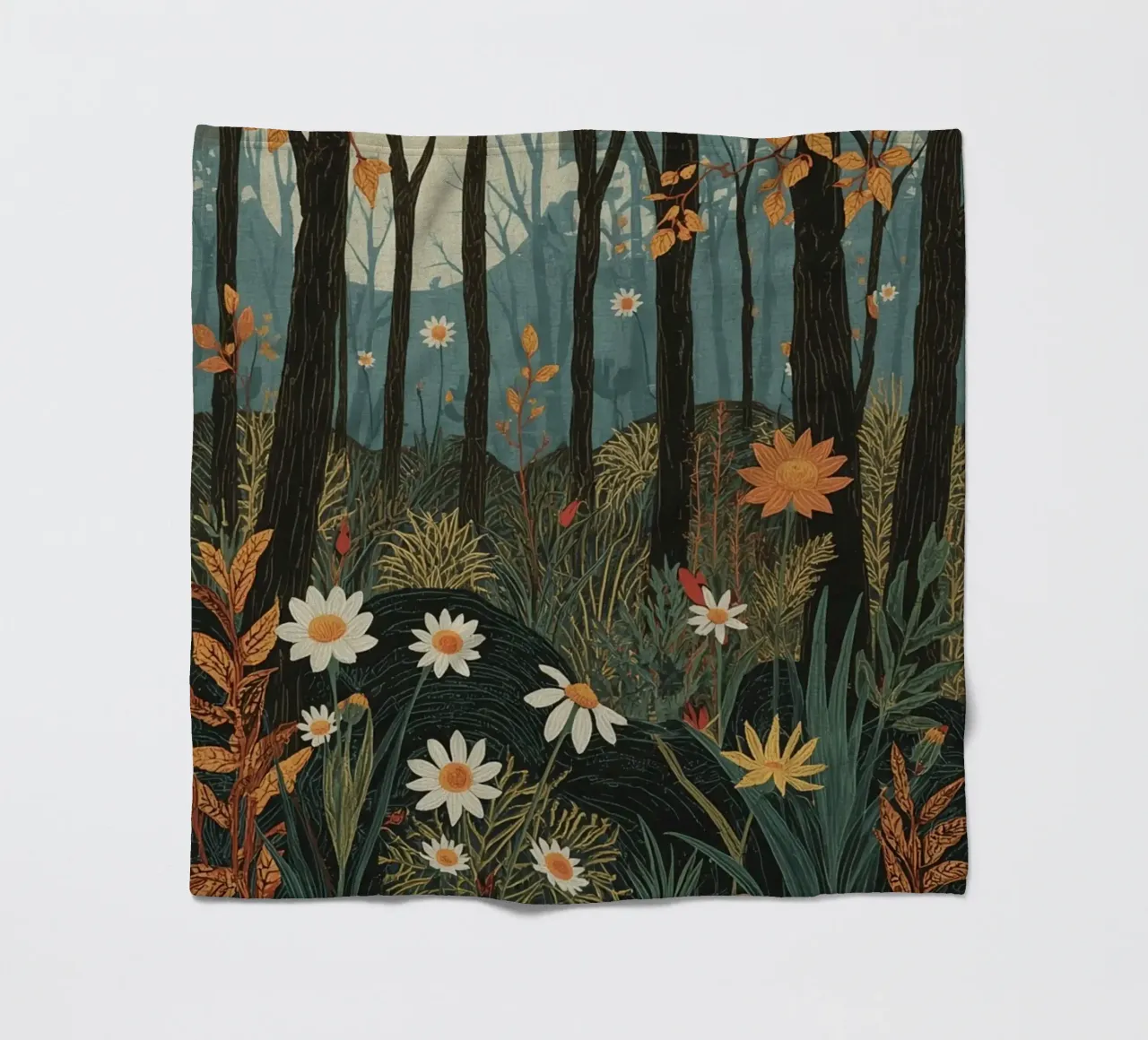 Scena di foresta con alberi, luna e fiori coperta in pile da DesignDoodle