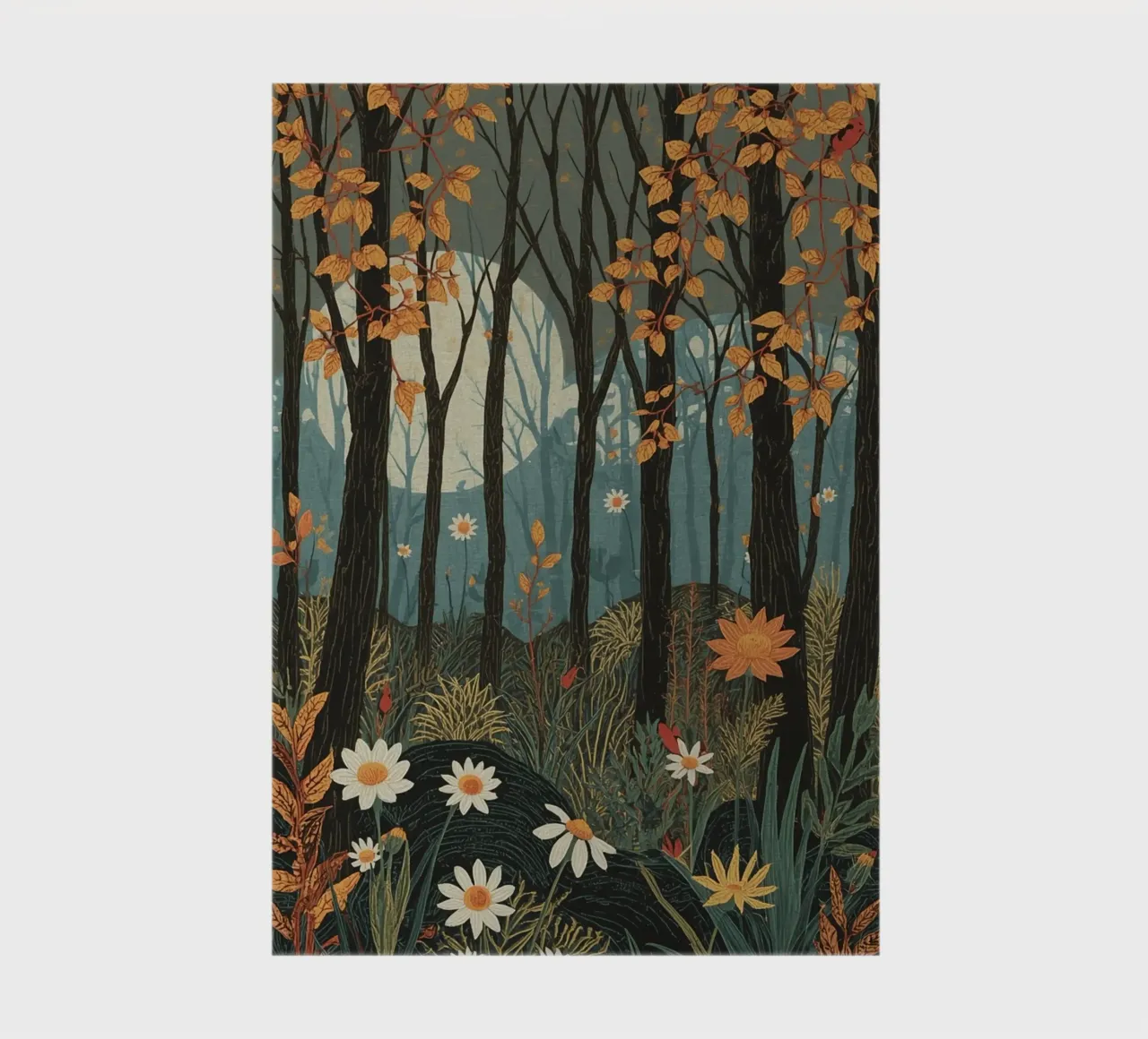 Scena di foresta con alberi, luna e fiori diario da DesignDoodle