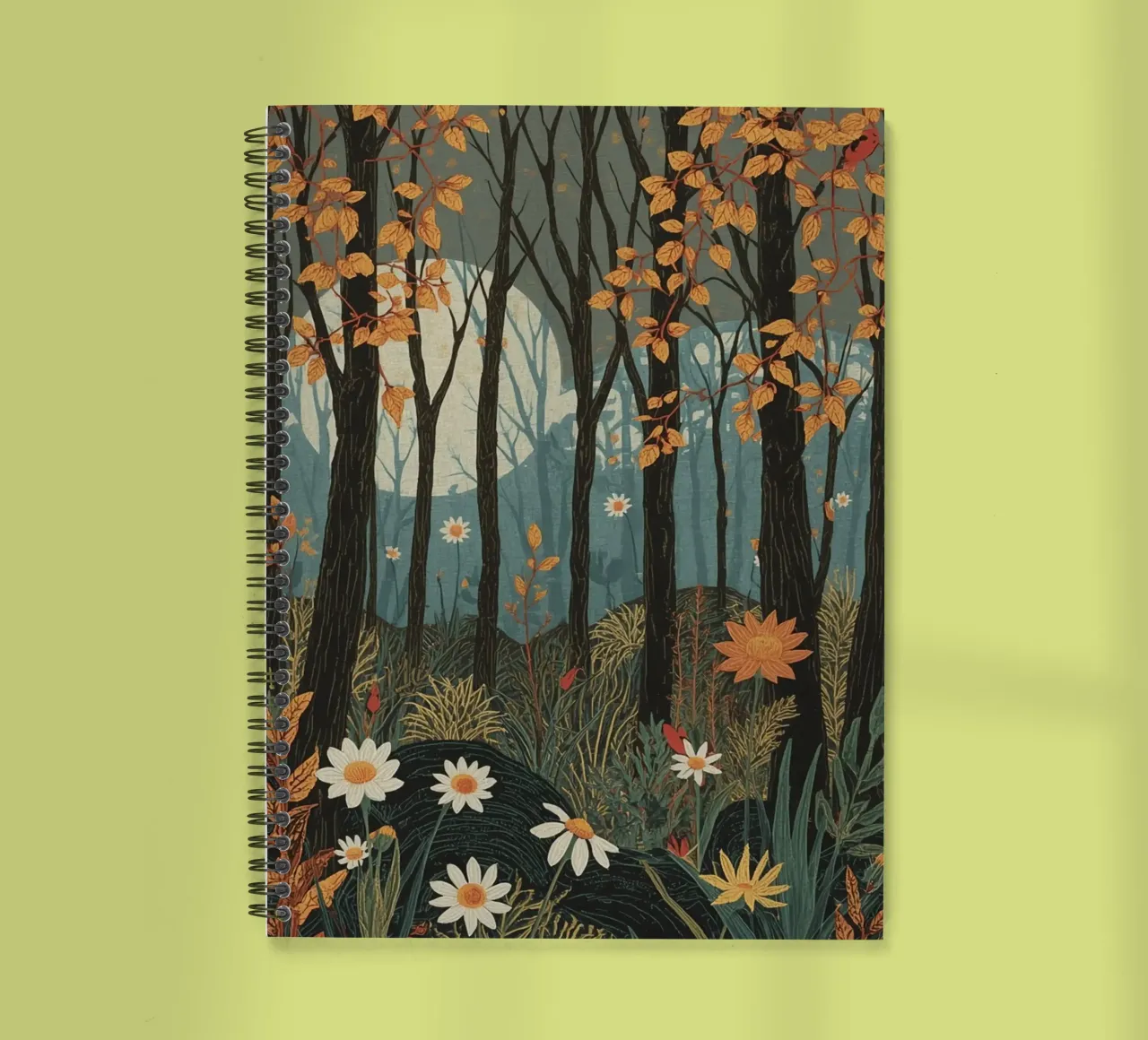 Forest scene with trees moon and flowers spiral notebook by DesignDoodle