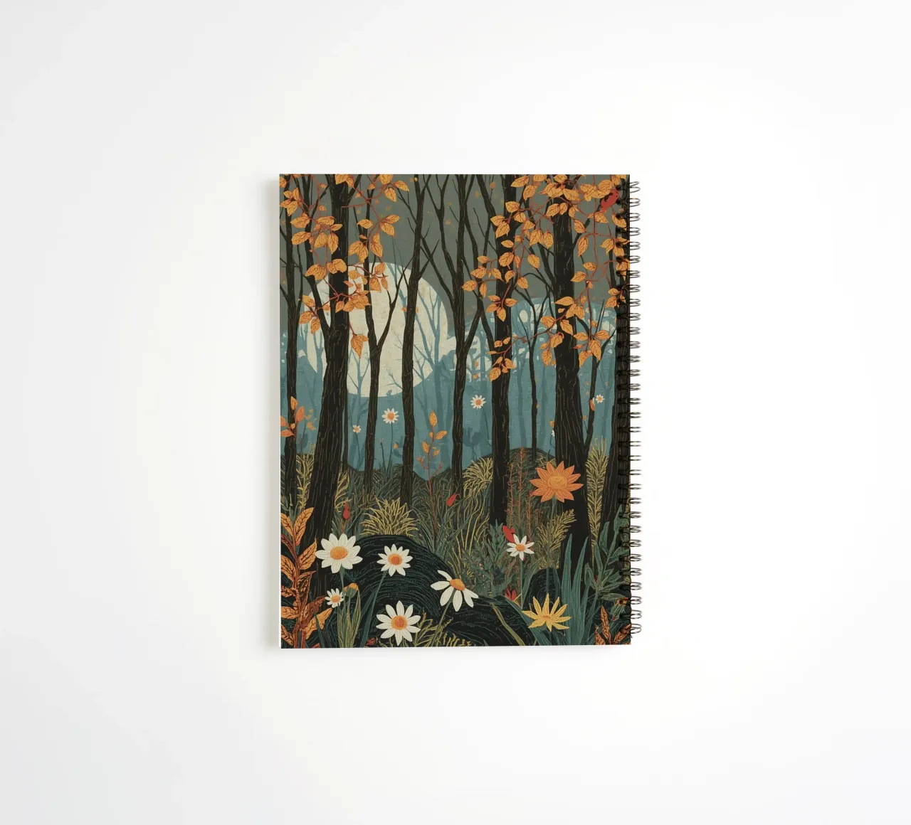 Forest scene with trees moon and flowers spiral notebook by DesignDoodle