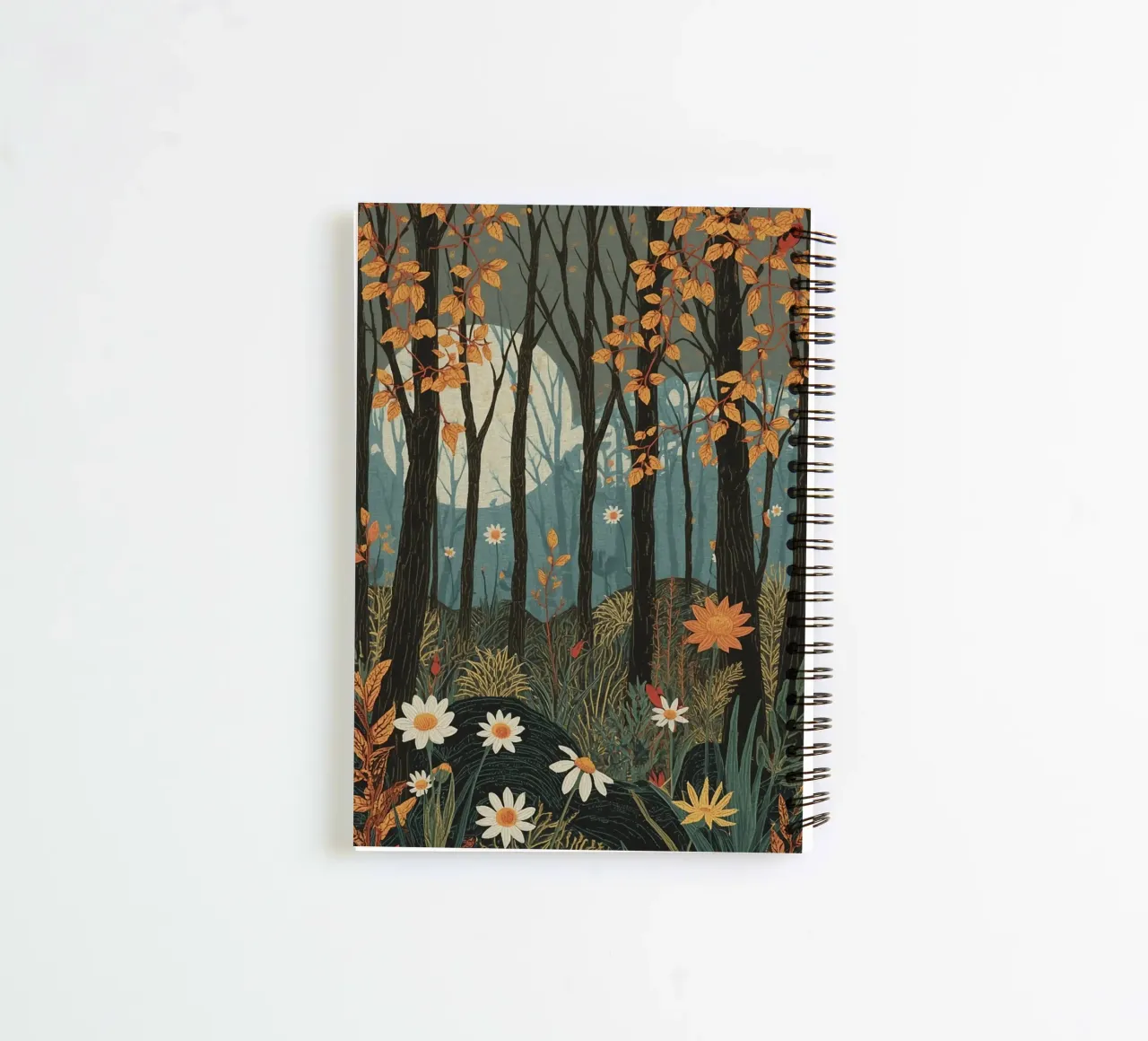Forest scene with trees moon and flowers spiral notebook by DesignDoodle