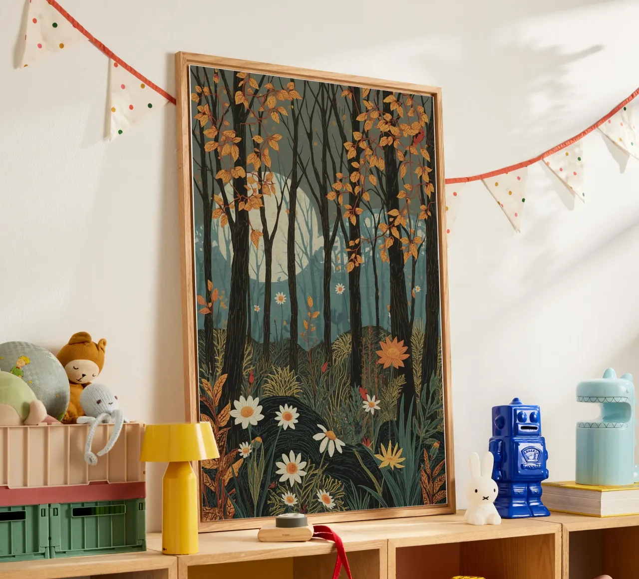 Scena di foresta con alberi, luna e fiori plexiglass da DesignDoodle