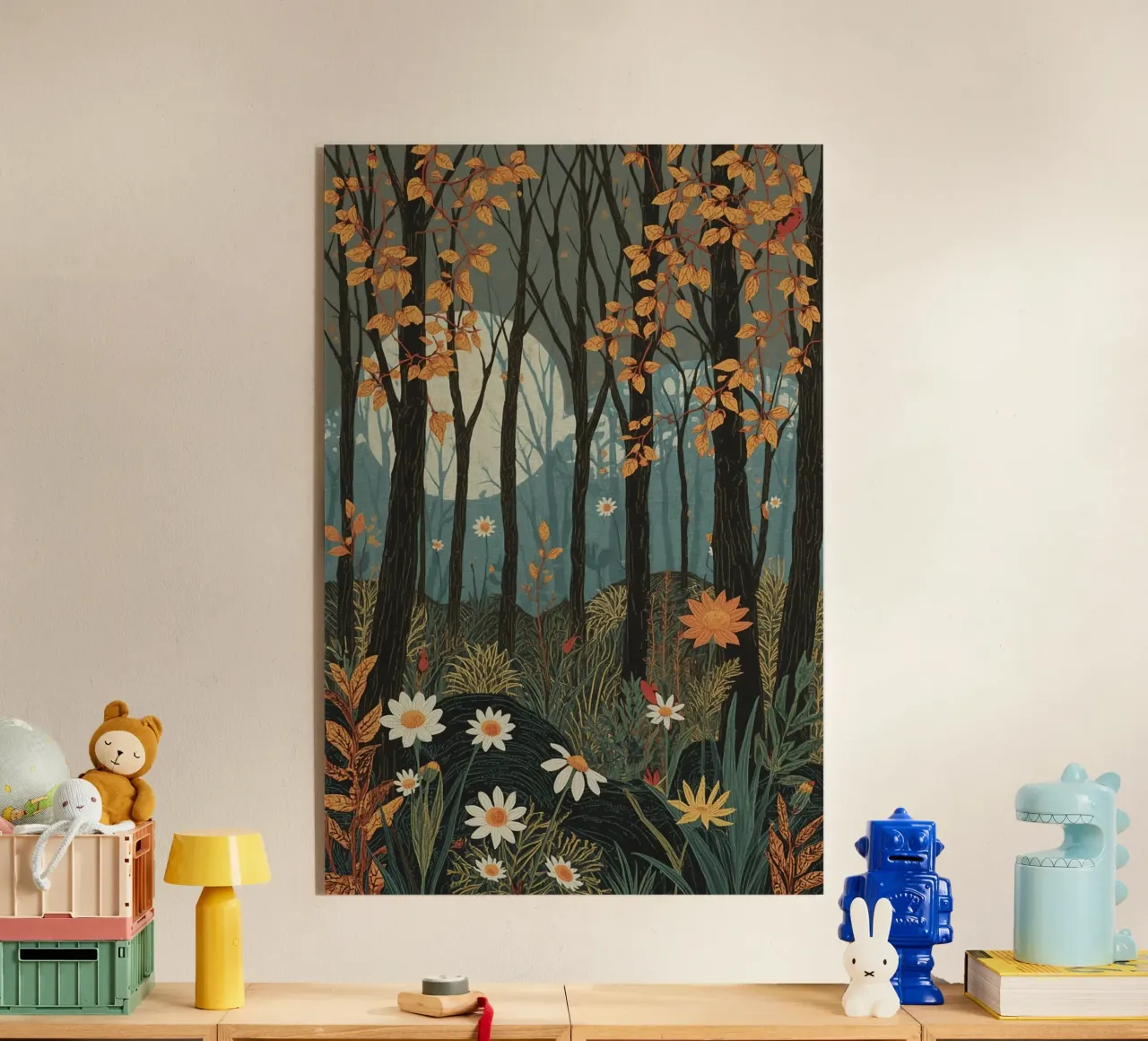 Scena di foresta con alberi, luna e fiori plexiglass da DesignDoodle