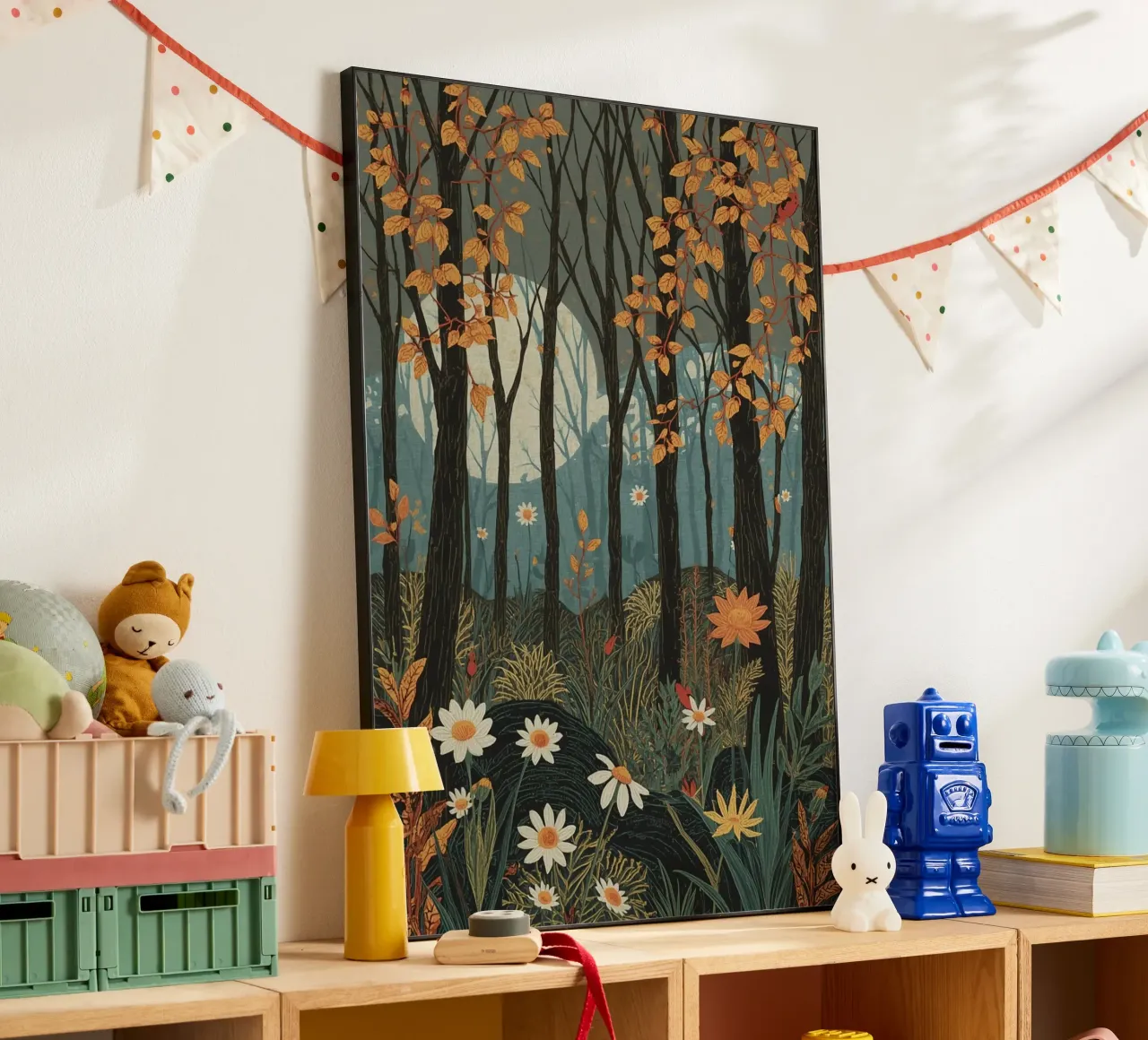 Scena di foresta con alberi, luna e fiori alluminio dibond da DesignDoodle