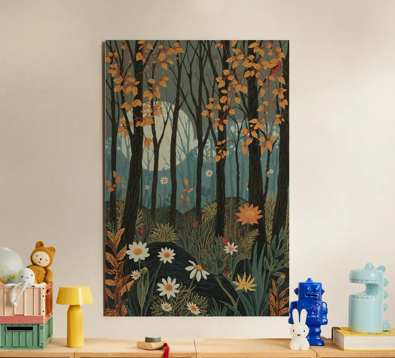 Scena di foresta con alberi, luna e fiori alluminio dibond da DesignDoodle