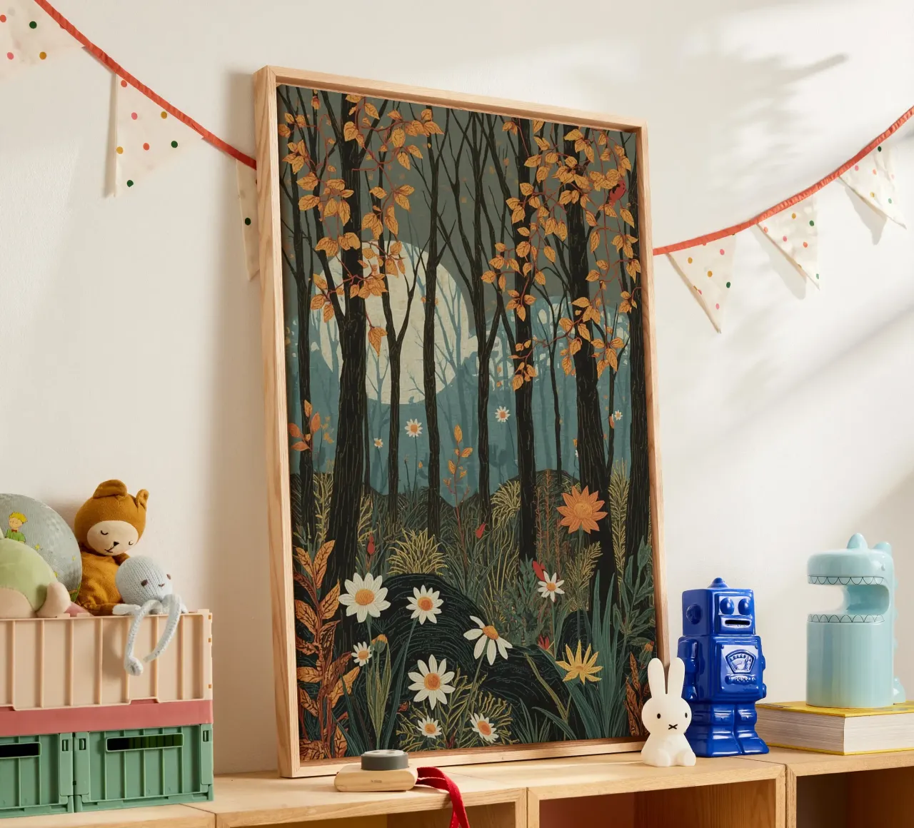 Scena di foresta con alberi, luna e fiori tela da DesignDoodle