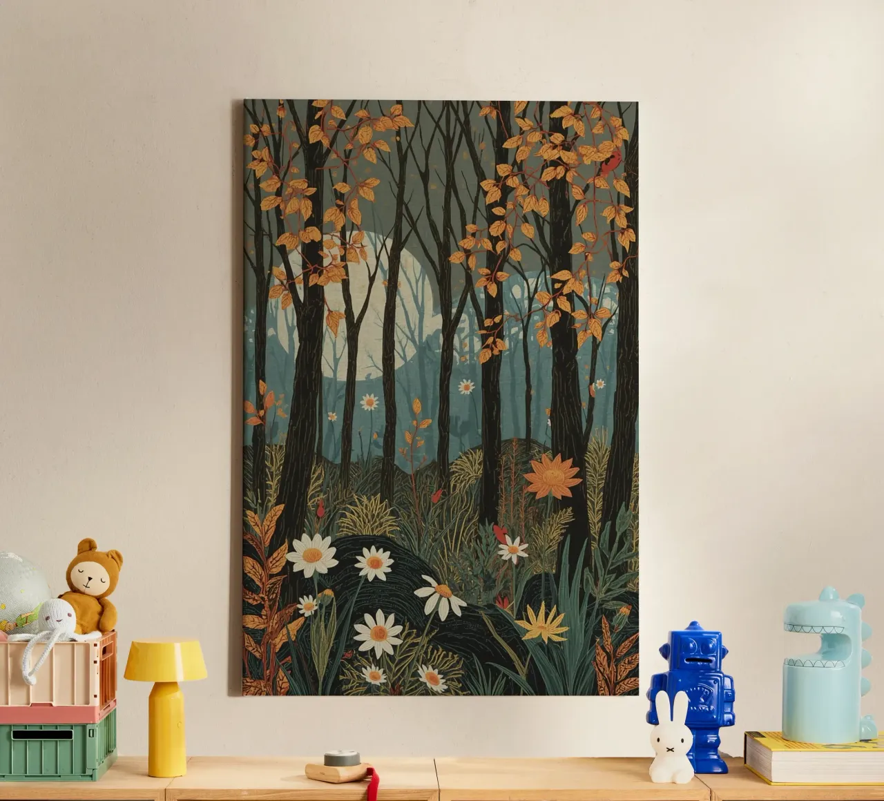 Scena di foresta con alberi, luna e fiori tela da DesignDoodle