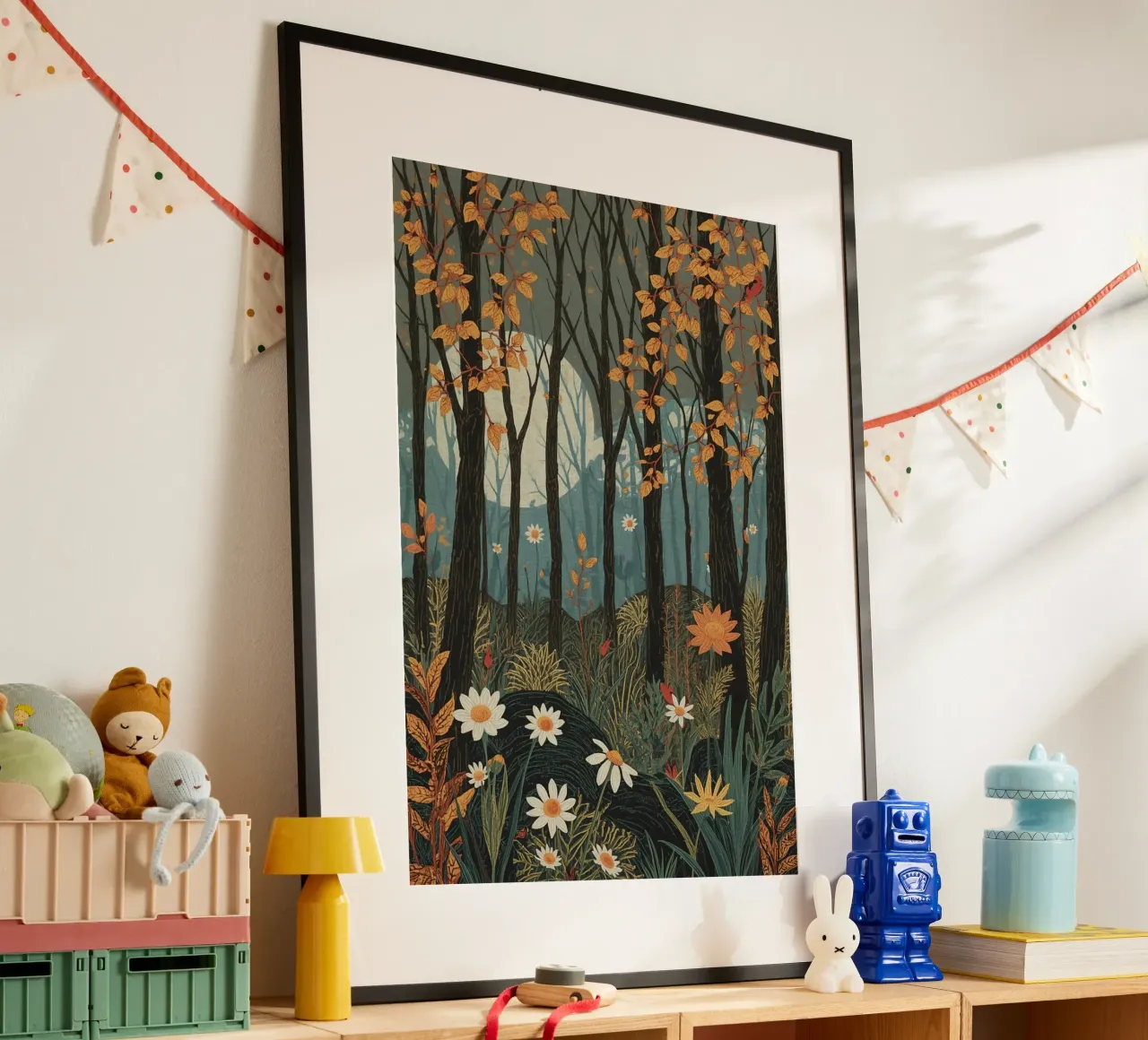Scena di foresta con alberi, luna e fiori carta hahnemühle da DesignDoodle