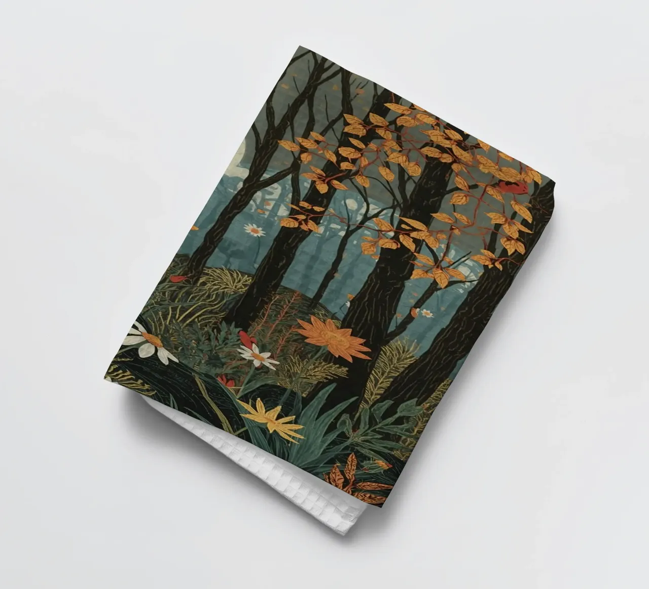 Scena di foresta con alberi, luna e fiori canovaccio da cucina da DesignDoodle