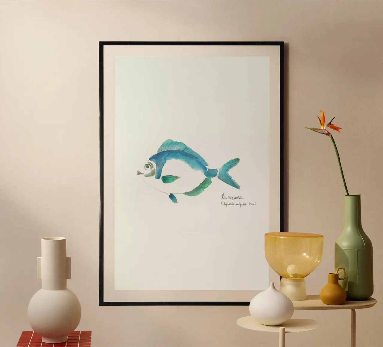 La Mojarra Azul ( blue crappie) poster con telaio in plastica da Sandra De Leon