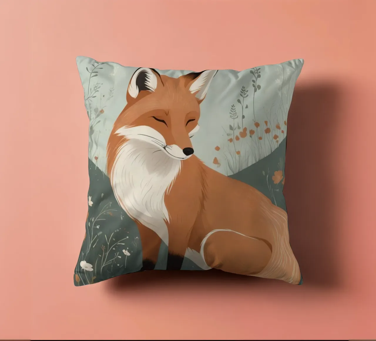 Volpe addormentata in un campo di fiori selvatici cuscino da DesignDoodle