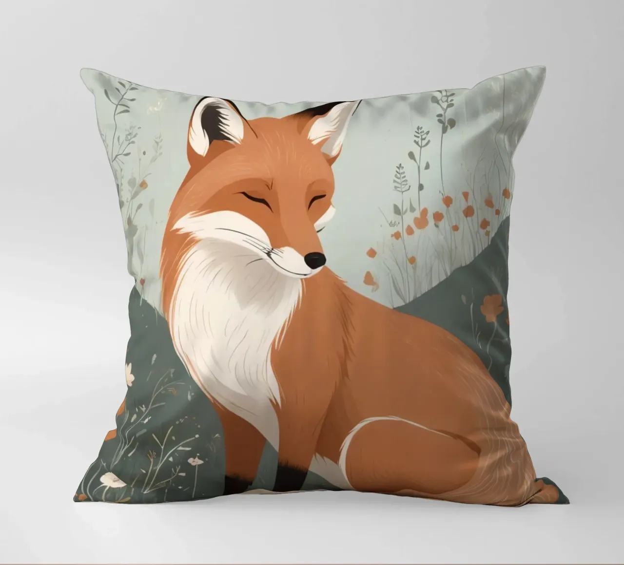 Volpe addormentata in un campo di fiori selvatici cuscino da DesignDoodle