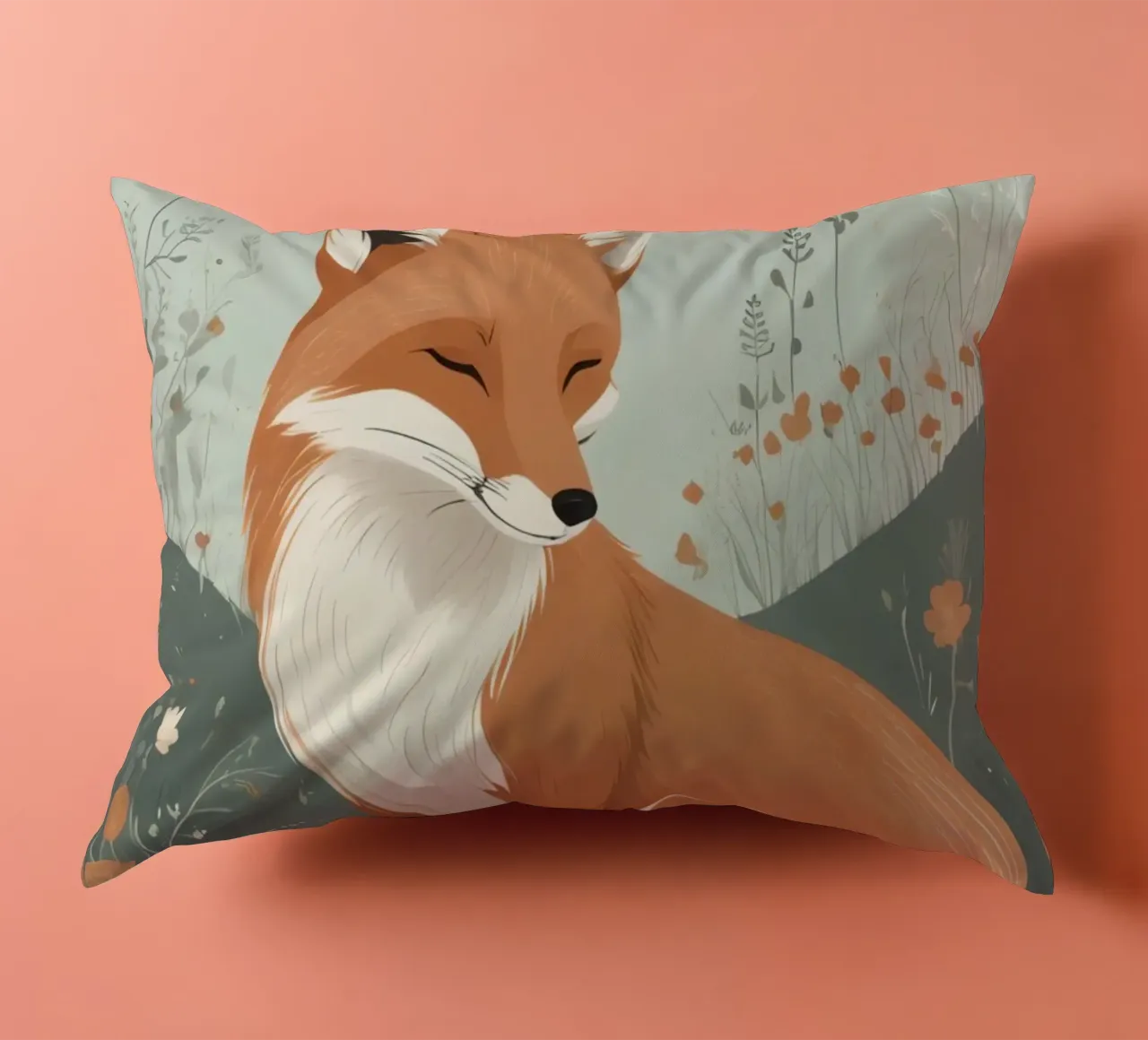 Volpe addormentata in un campo di fiori selvatici cuscino da DesignDoodle