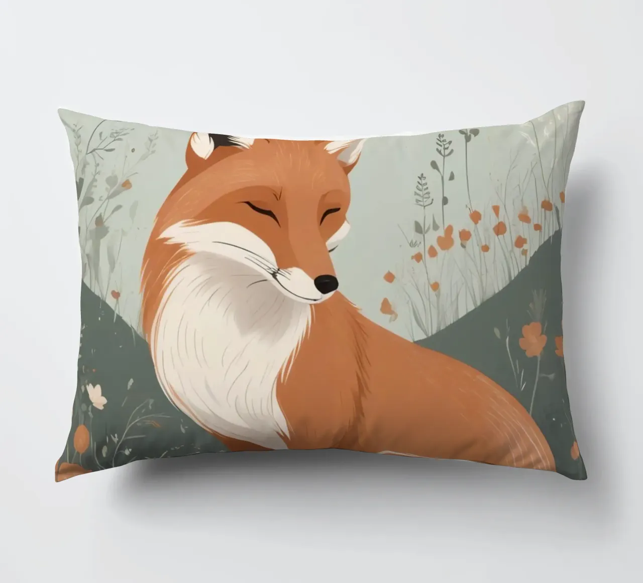 Volpe addormentata in un campo di fiori selvatici cuscino da DesignDoodle