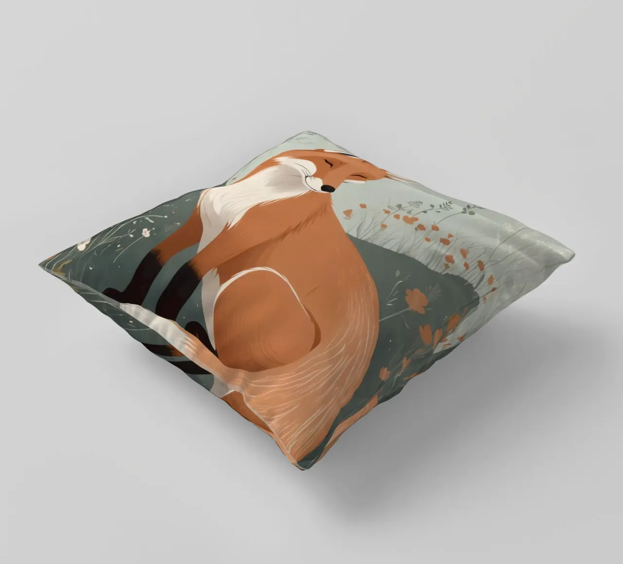 Volpe addormentata in un campo di fiori selvatici cuscino da DesignDoodle