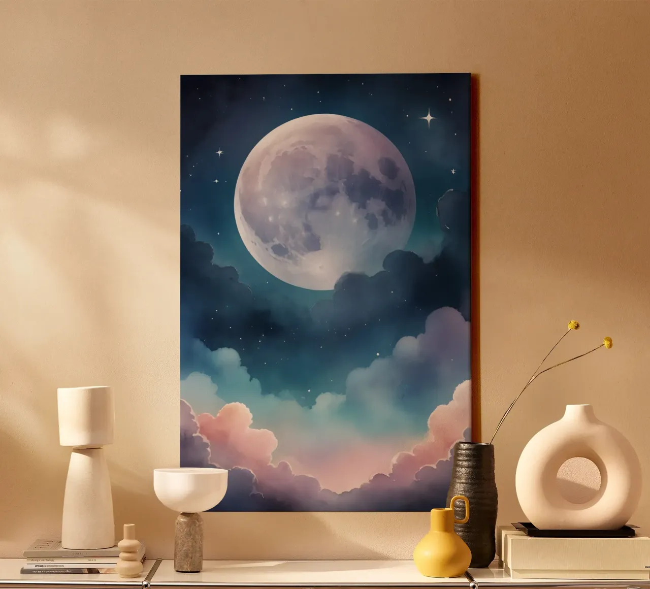 Dreamy Full Moon and Clouds in a Starry Sky canvas by DesignDoodle