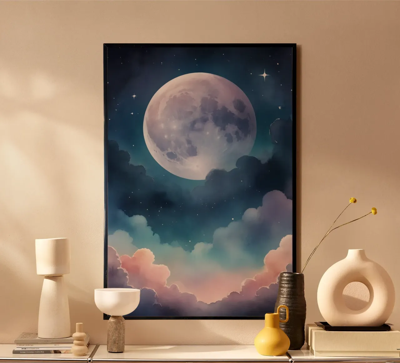 Dreamy Full Moon and Clouds in a Starry Sky hahnemühle by DesignDoodle