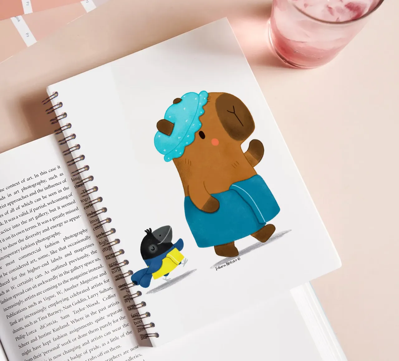 Capybara and Bird - Bath Time spiral notebook by julianamotzko