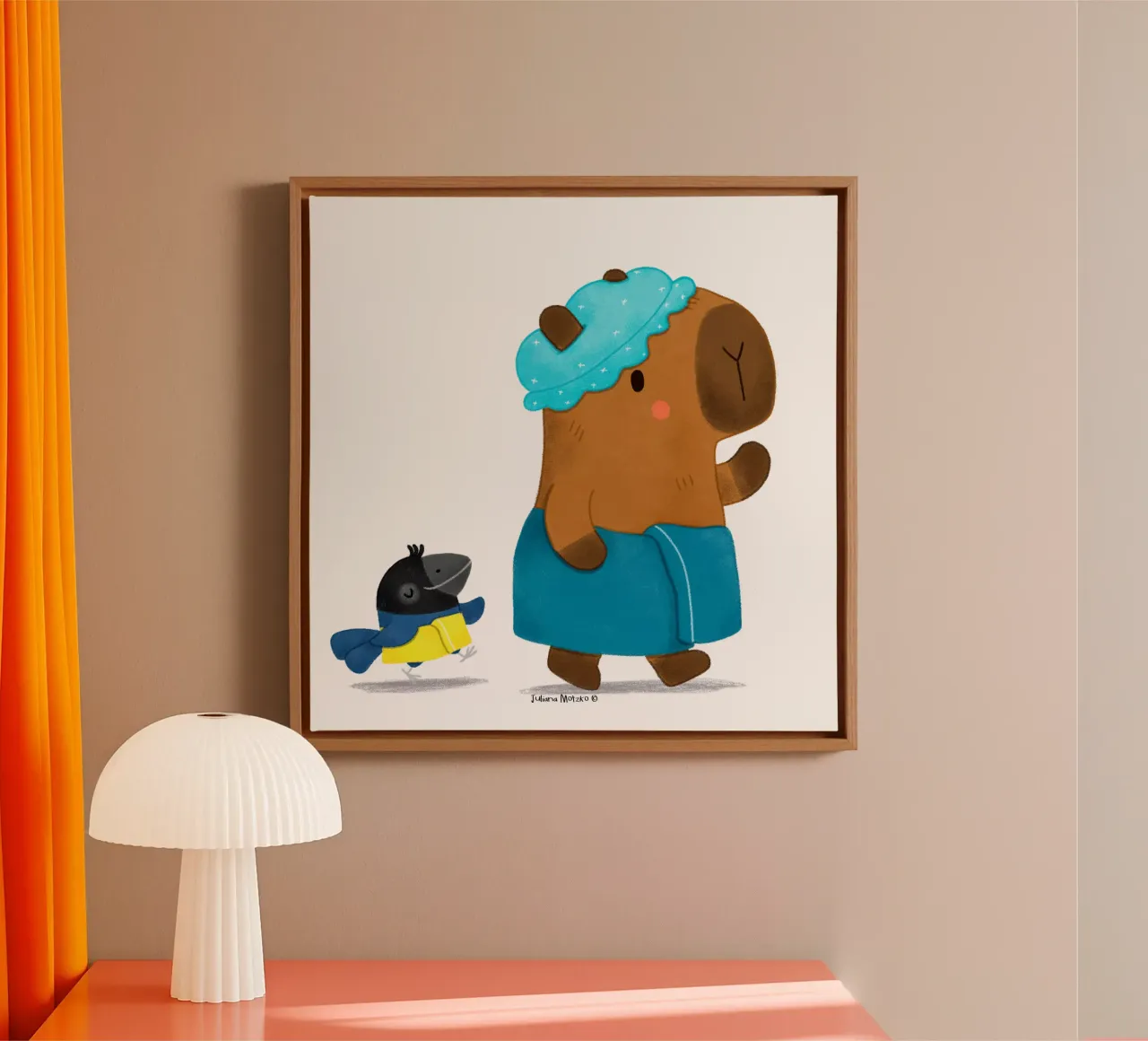 Capybara and Bird - Bath Time canvas by julianamotzko