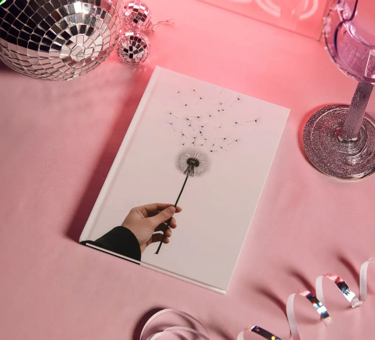 Mano che tiene il dente di leone con semi volanti diario da DesignDoodle