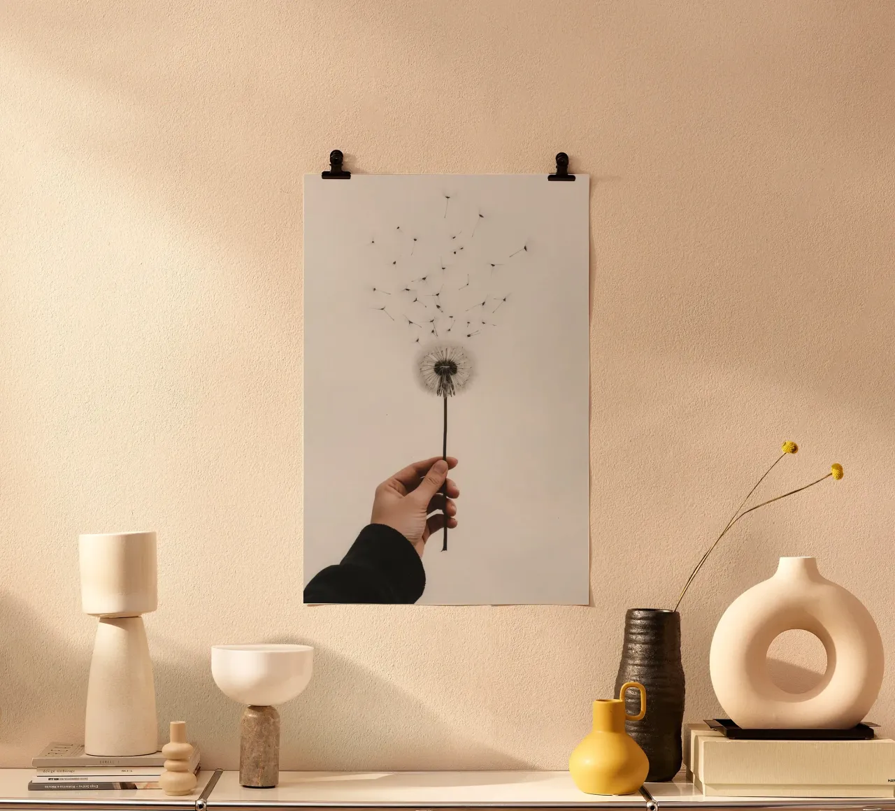 Mano que sostiene un diente de león con semillas voladoras hahnemühle de DesignDoodle