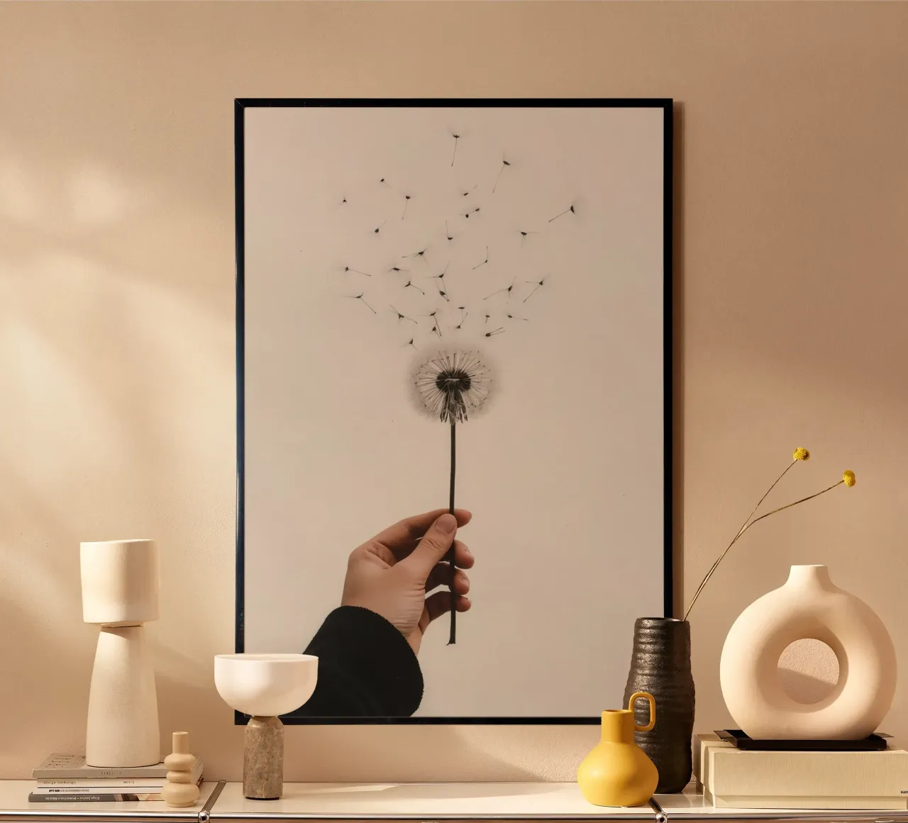 Mano que sostiene un diente de león con semillas voladoras hahnemühle de DesignDoodle