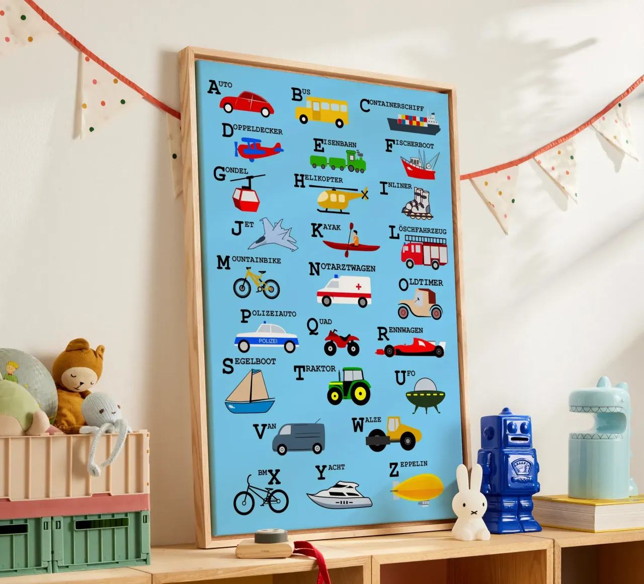 ABC Alphabet - Verkehrsmittel tela con Cornice a cassetta da Fjöllart